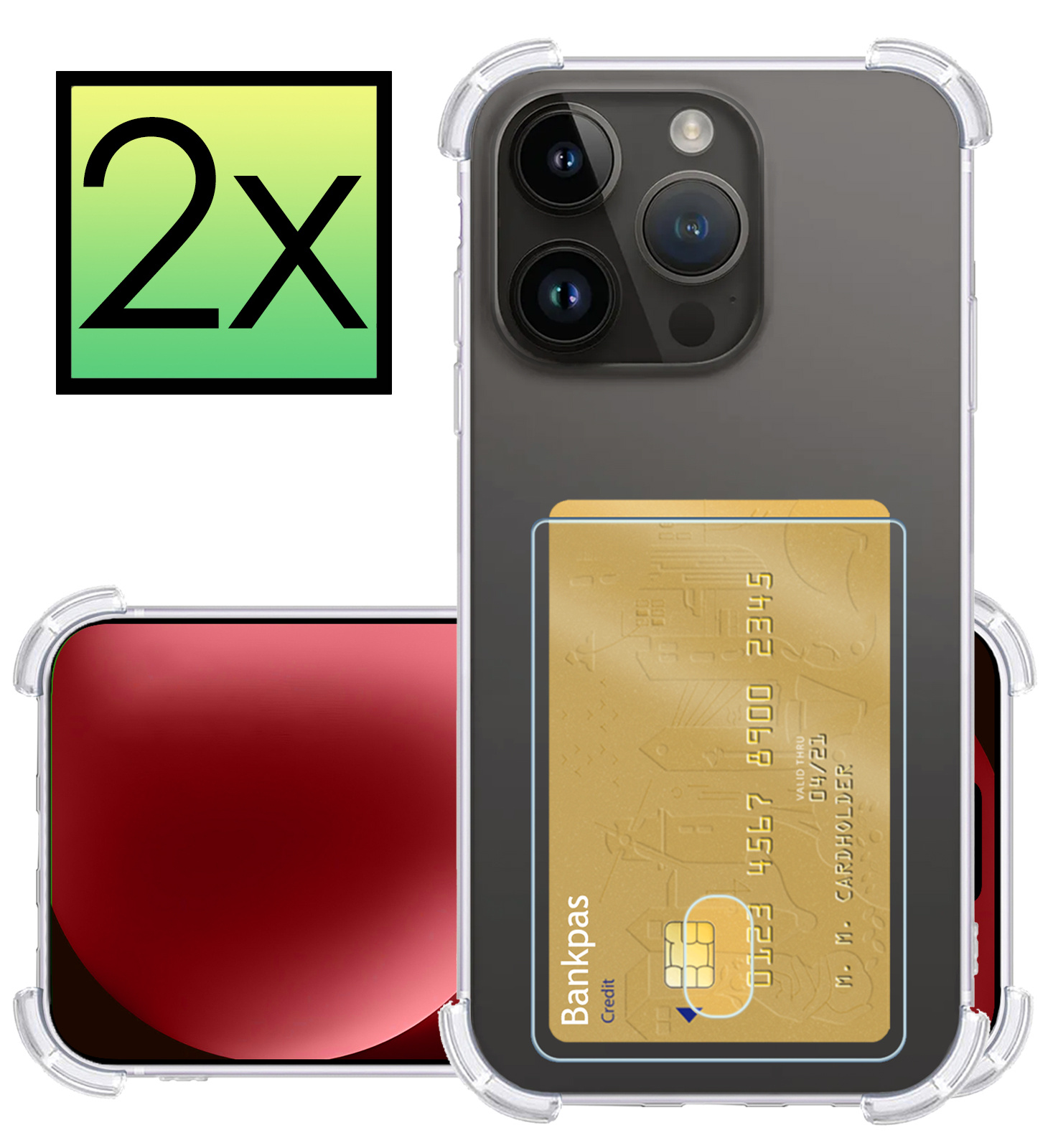 NoXx Hoes Geschikt voor iPhone 15 Pro Hoesje Pasjeshouder Cover Shock Proof Case Siliconen Hoes Met Kaarthouder - Transparant - 2x