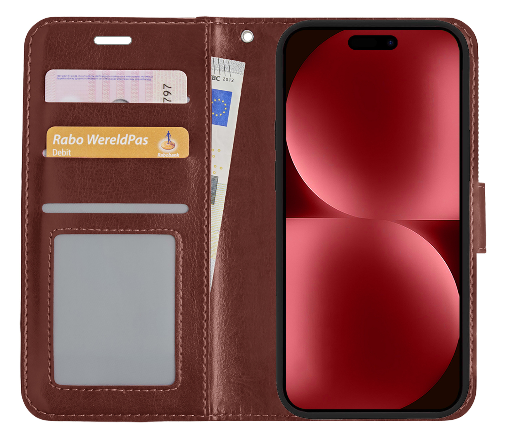 NoXx Hoes Geschikt voor iPhone 15 Hoesje Book Case Hoes Flip Cover Wallet Bookcase - Bruin