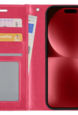 NoXx Hoes Geschikt voor iPhone 15 Hoesje Book Case Hoes Flip Cover Wallet Bookcase - Donkerroze