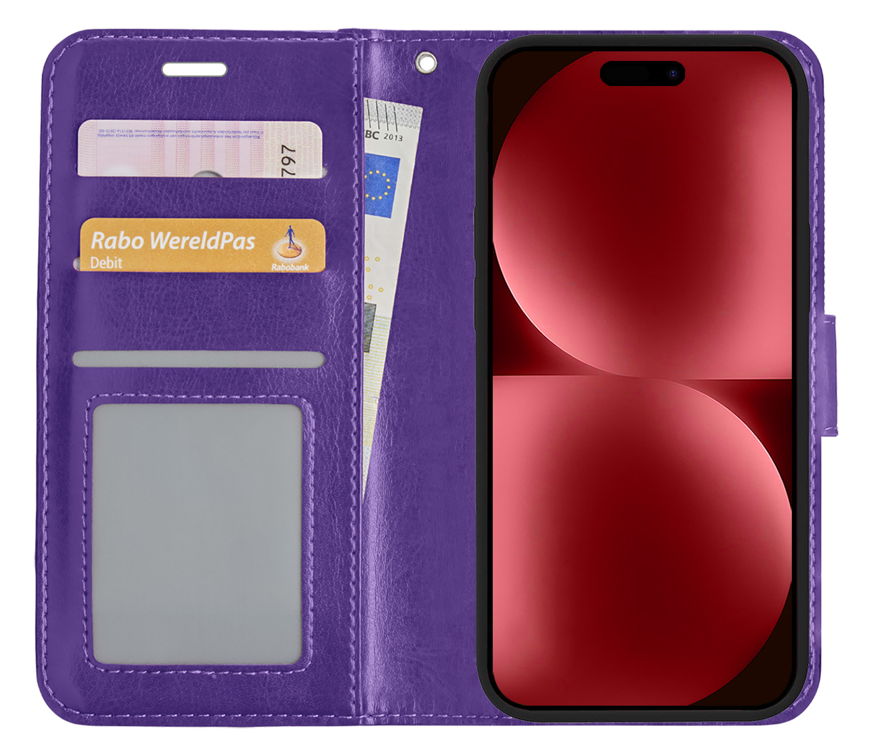 NoXx Hoes Geschikt voor iPhone 15 Hoesje Book Case Hoes Flip Cover Wallet Bookcase - Paars