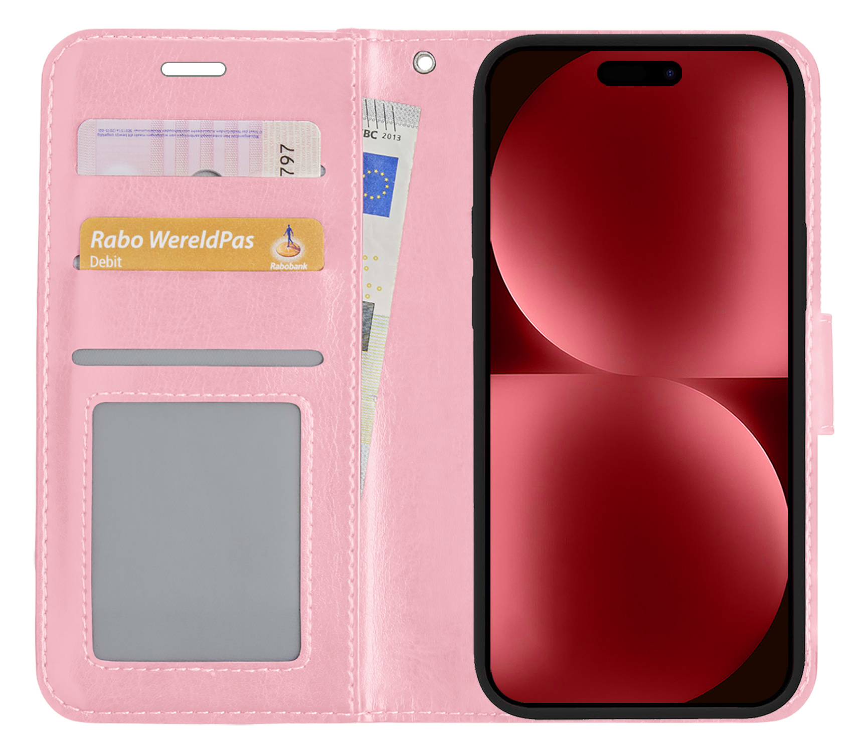 NoXx Hoes Geschikt voor iPhone 15 Plus Hoesje Book Case Hoes Flip Cover Wallet Bookcase - Lichtroze