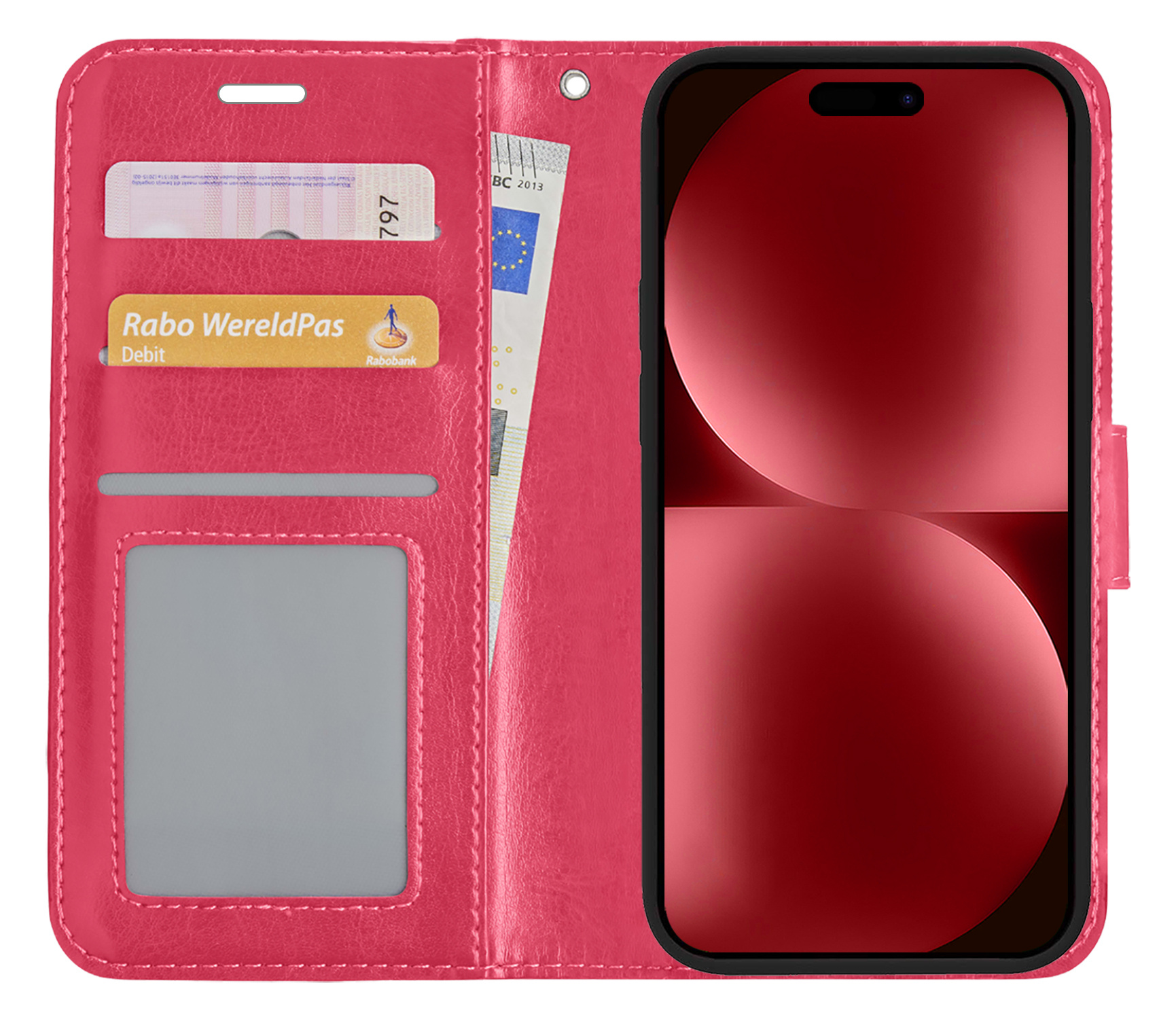NoXx Hoes Geschikt voor iPhone 15 Pro Hoesje Book Case Hoes Flip Cover Wallet Bookcase - Donkerroze