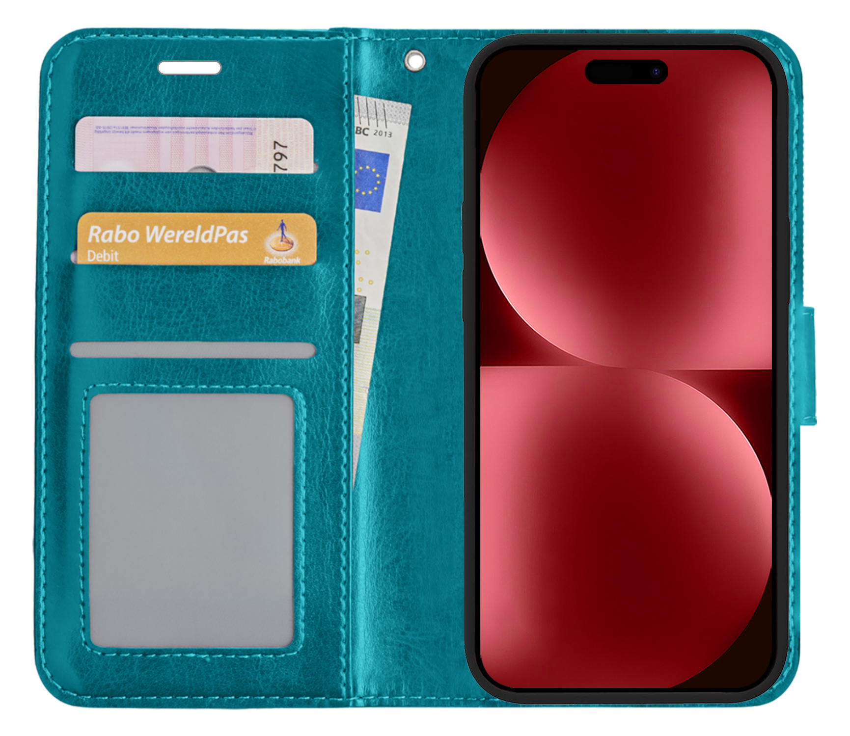 NoXx Hoes Geschikt voor iPhone 15 Pro Max Hoesje Book Case Hoes Flip Cover Wallet Bookcase - Turquoise