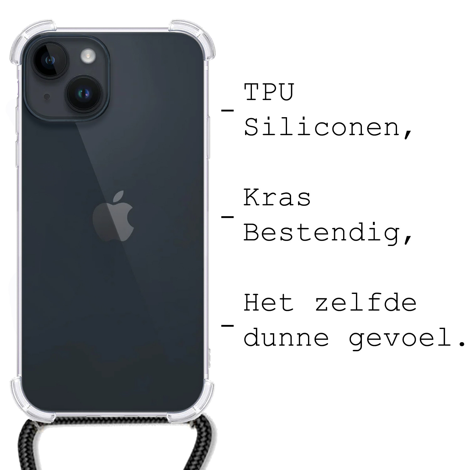 BASEY. Hoes Geschikt voor iPhone 15 Plus Hoesje Shock Proof Case Met Koord Shock Hoes Met Koord - Hoesje Geschikt voor iPhone 15 Plus Hoes Cover Met Koord - Transparant