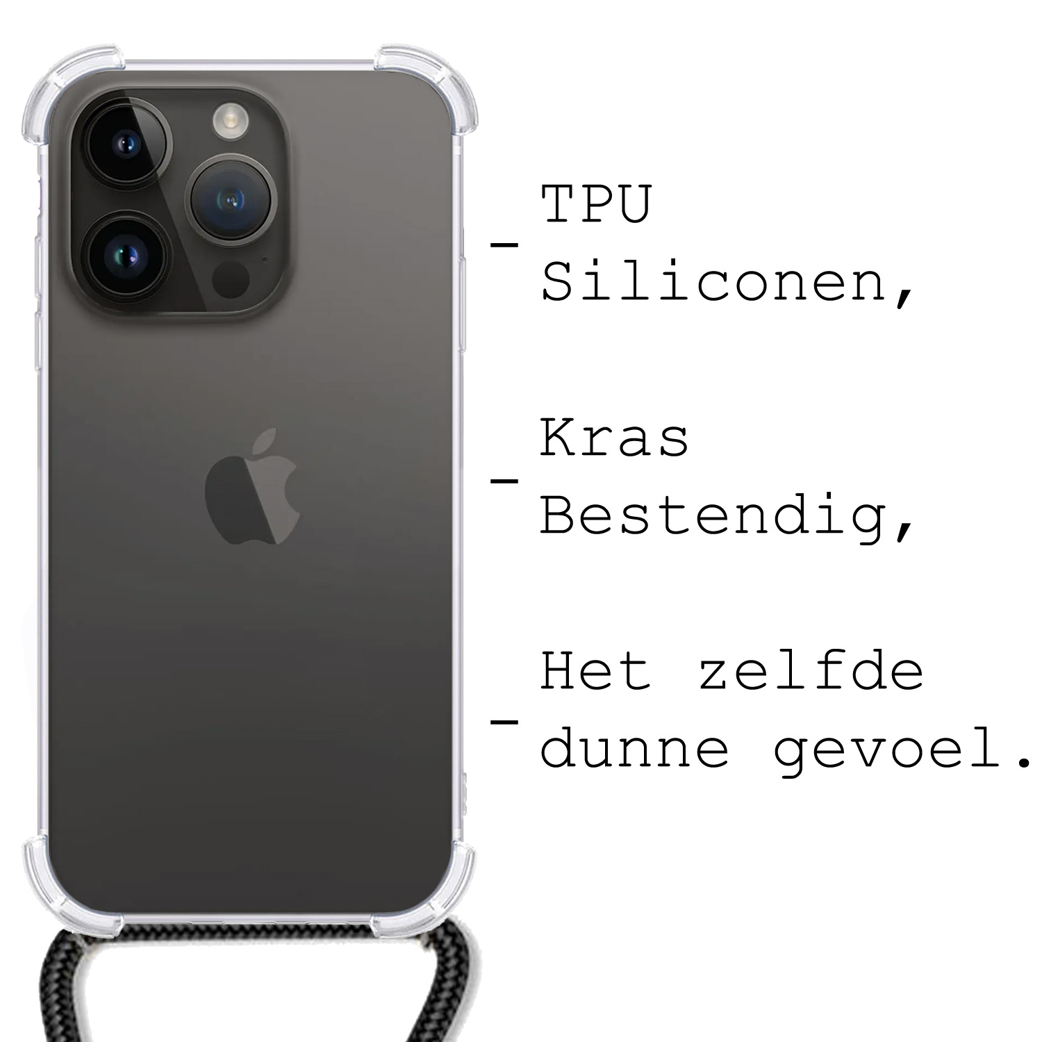 BASEY. Hoes Geschikt voor iPhone 15 Pro Max Hoesje Shock Proof Case Met Koord Shock Hoes Met Koord - Hoesje Geschikt voor iPhone 15 Pro Max Hoes Cover Met Koord - Transparant