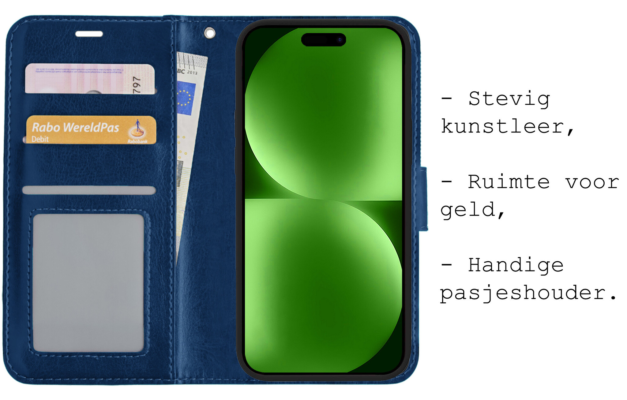 BASEY. Hoes Geschikt voor iPhone 15 Hoesje Bookcase Hoes Flip Case Book Cover Met Screenprotector - Hoesje Geschikt voor iPhone 15 Hoes Book Case Hoesje - Donkerblauw