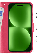 BASEY. Hoes Geschikt voor iPhone 15 Hoesje Bookcase Hoes Flip Case Book Cover Met Screenprotector - Hoesje Geschikt voor iPhone 15 Hoes Book Case Hoesje - Donkerroze