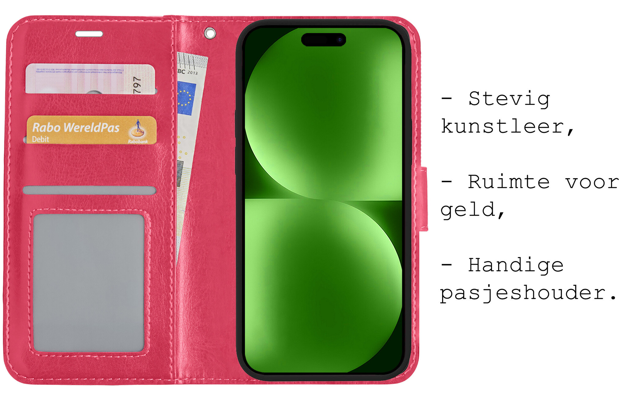 BASEY. Hoes Geschikt voor iPhone 15 Hoesje Bookcase Hoes Flip Case Book Cover Met Screenprotector - Hoesje Geschikt voor iPhone 15 Hoes Book Case Hoesje - Donkerroze