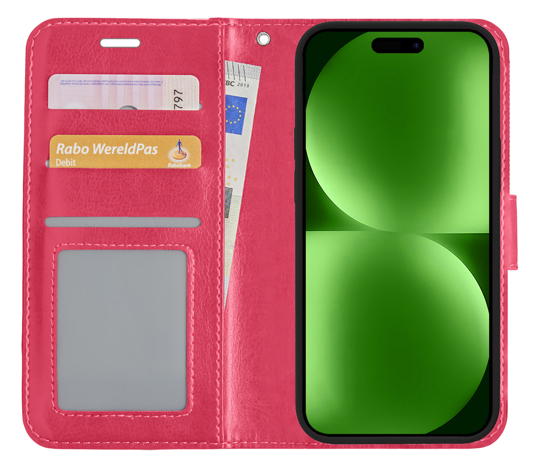 BASEY. Hoes Geschikt voor iPhone 15 Hoesje Bookcase Hoes Flip Case Book Cover Met Screenprotector - Hoesje Geschikt voor iPhone 15 Hoes Book Case Hoesje - Donkerroze