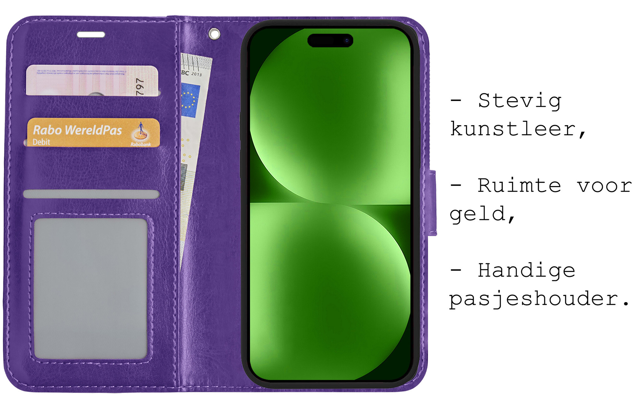 BASEY. Hoes Geschikt voor iPhone 15 Hoesje Bookcase Hoes Flip Case Book Cover Met Screenprotector - Hoesje Geschikt voor iPhone 15 Hoes Book Case Hoesje - Paars