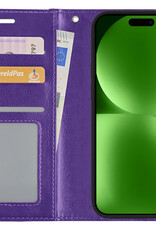 BASEY. Hoes Geschikt voor iPhone 15 Hoesje Bookcase Hoes Flip Case Book Cover Met Screenprotector - Hoesje Geschikt voor iPhone 15 Hoes Book Case Hoesje - Paars