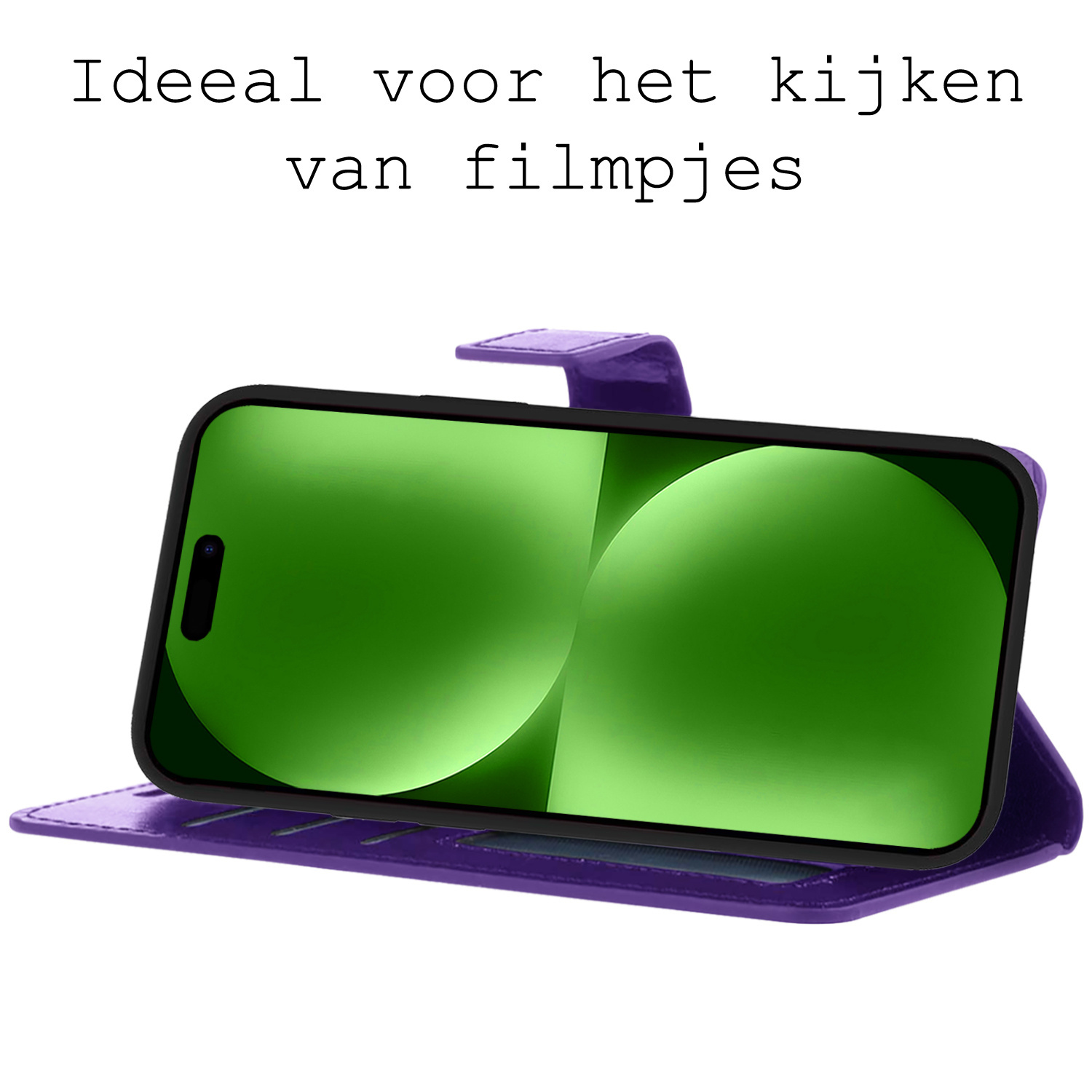 BASEY. Hoes Geschikt voor iPhone 15 Hoesje Bookcase Hoes Flip Case Book Cover Met 2x Screenprotector - Hoesje Geschikt voor iPhone 15 Hoes Book Case Hoesje - Paars