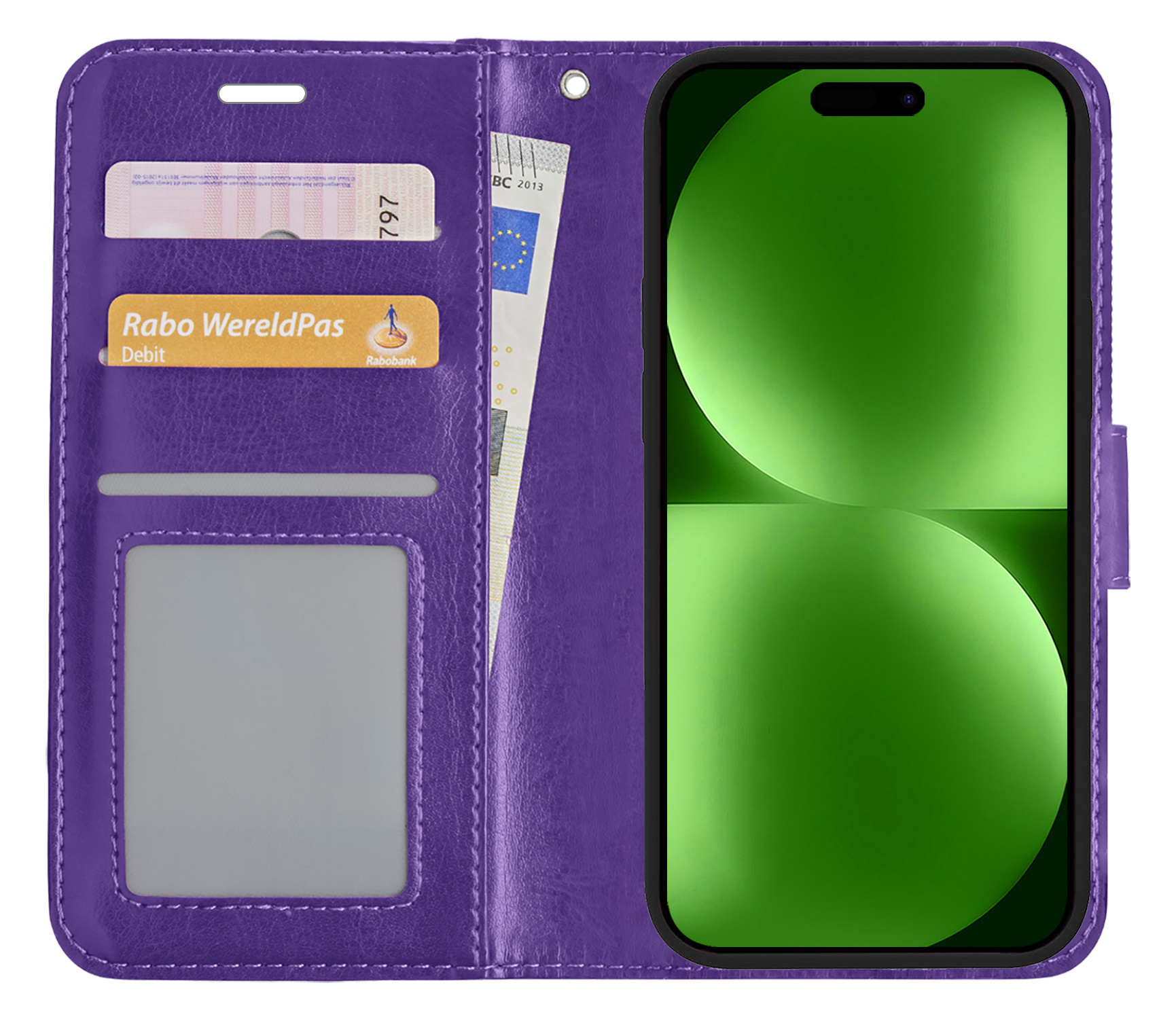 BASEY. Hoes Geschikt voor iPhone 15 Hoesje Bookcase Hoes Flip Case Book Cover Met 2x Screenprotector - Hoesje Geschikt voor iPhone 15 Hoes Book Case Hoesje - Paars