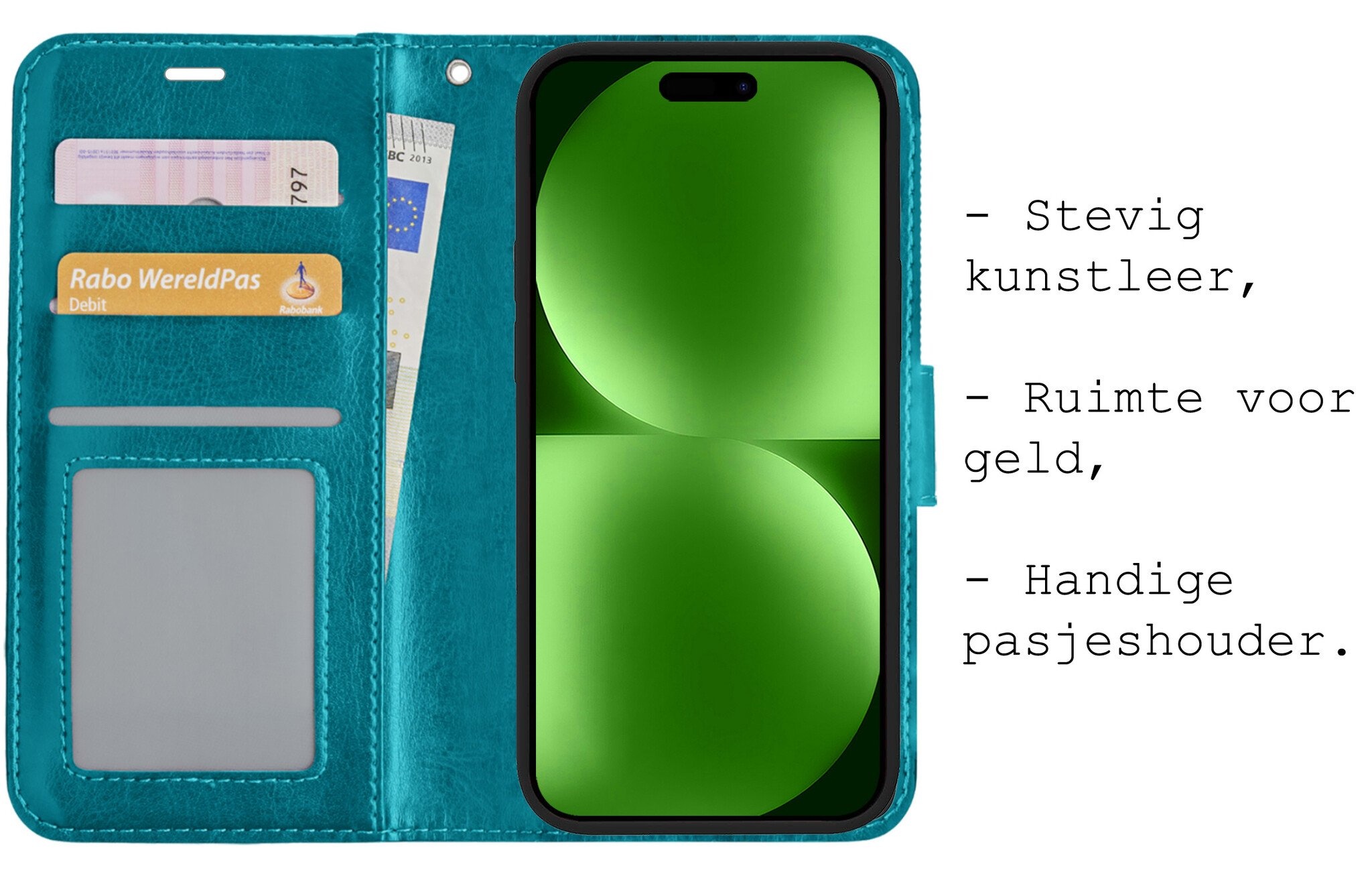 BASEY. Hoes Geschikt voor iPhone 15 Hoesje Bookcase Hoes Flip Case Book Cover Met 2x Screenprotector - Hoesje Geschikt voor iPhone 15 Hoes Book Case Hoesje - Turquoise