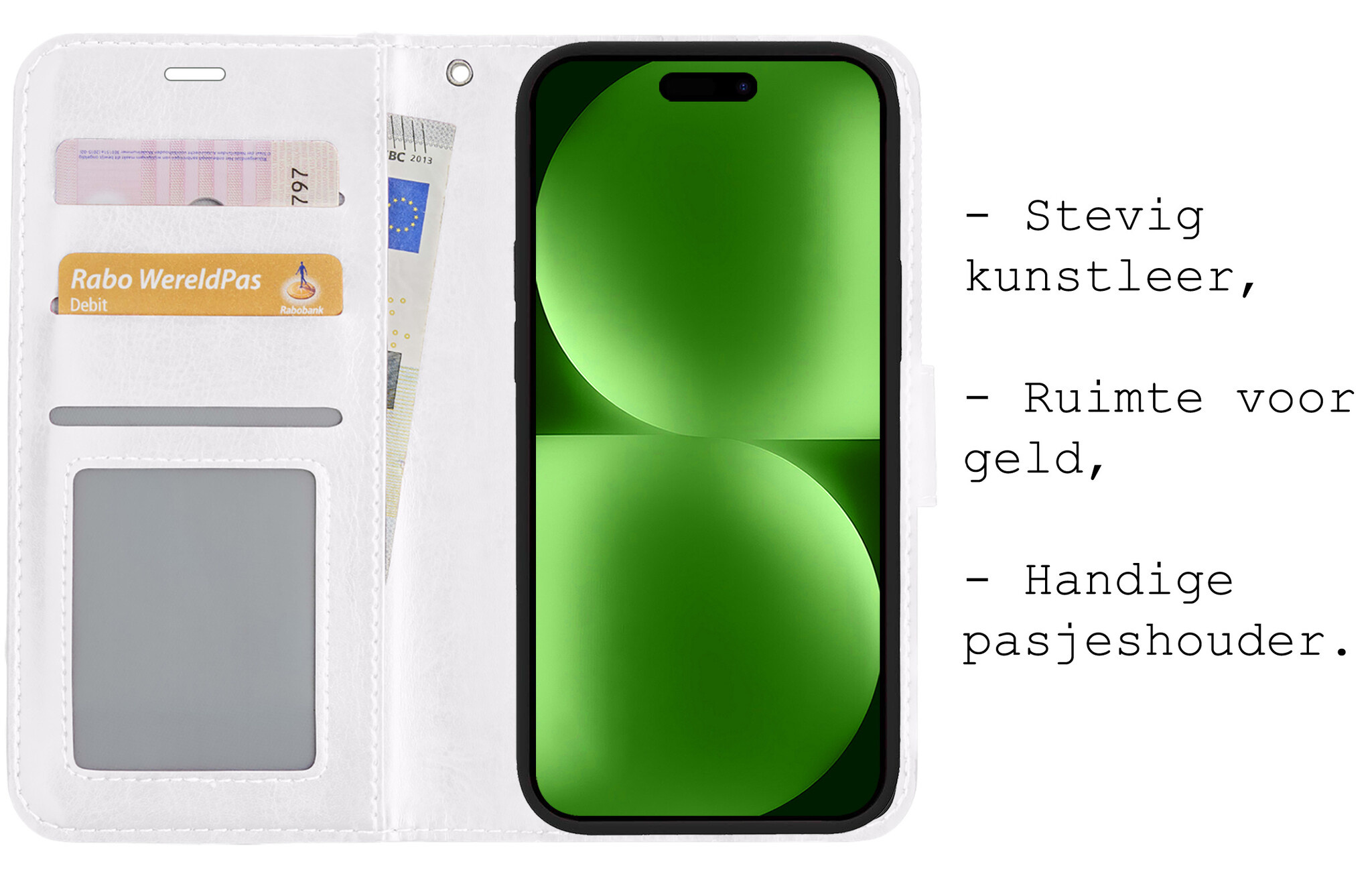BASEY. Hoes Geschikt voor iPhone 15 Hoesje Bookcase Hoes Flip Case Book Cover Met 2x Screenprotector - Hoesje Geschikt voor iPhone 15 Hoes Book Case Hoesje - Wit