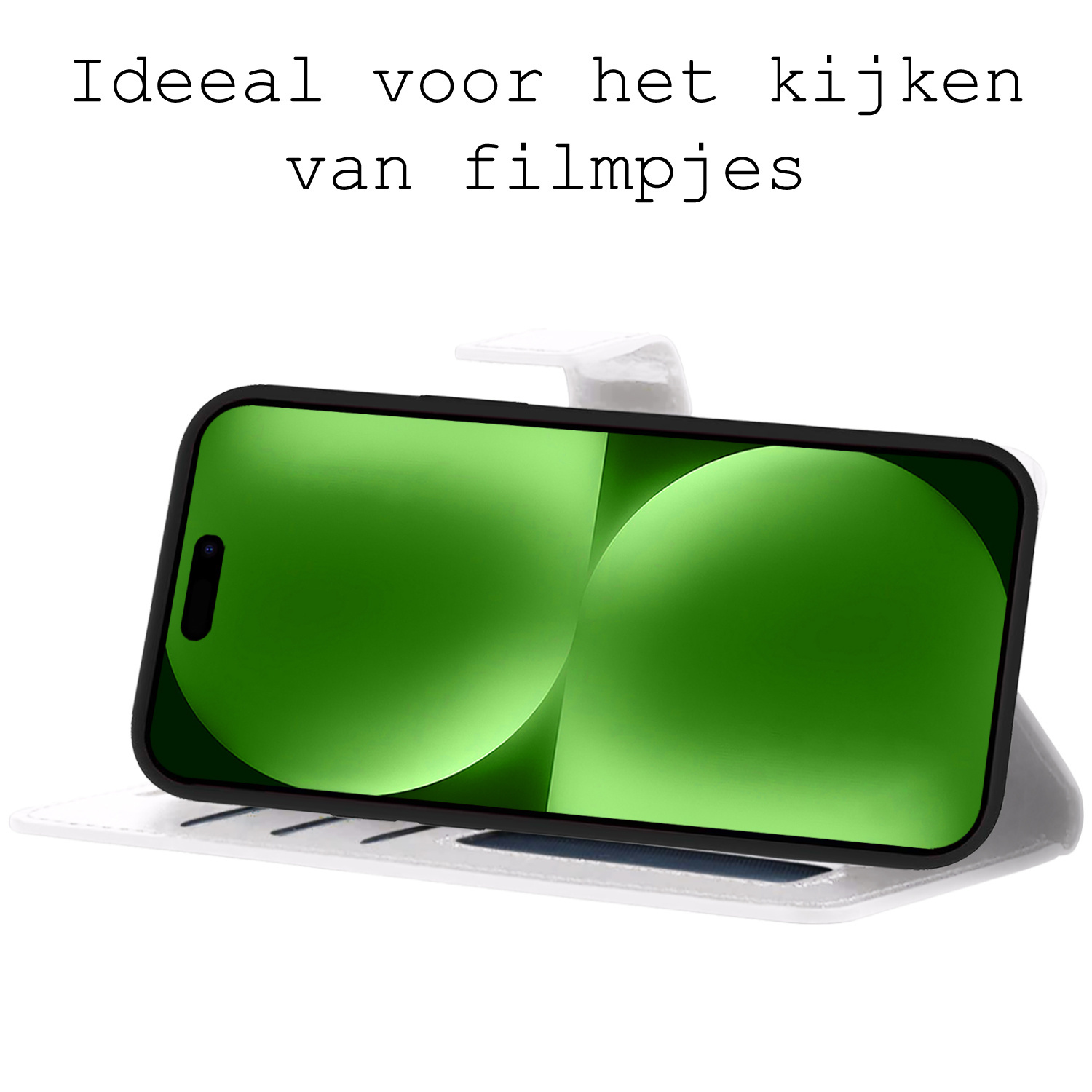 BASEY. Hoes Geschikt voor iPhone 15 Hoesje Bookcase Hoes Flip Case Book Cover Met 2x Screenprotector - Hoesje Geschikt voor iPhone 15 Hoes Book Case Hoesje - Wit