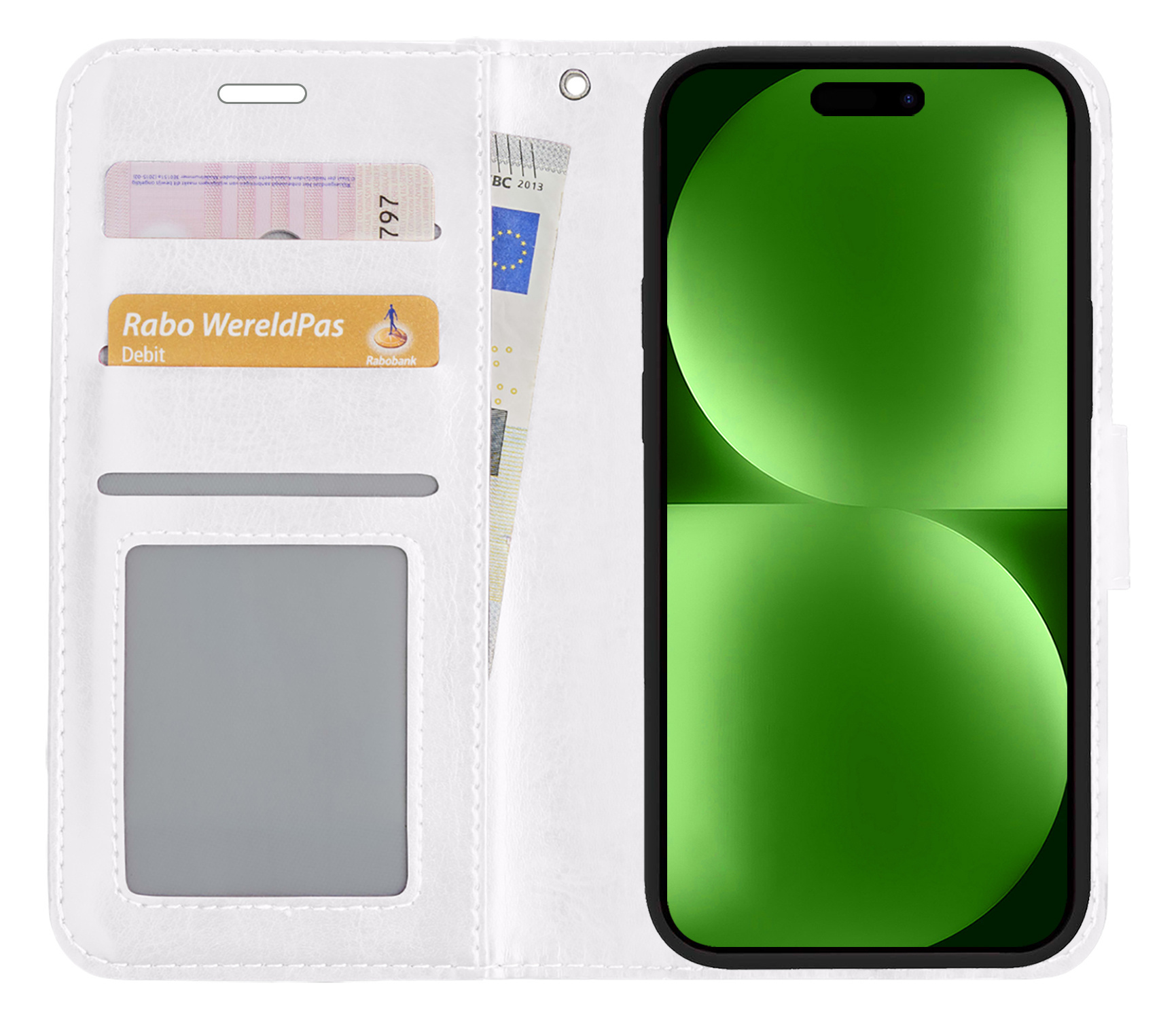 BASEY. Hoes Geschikt voor iPhone 15 Hoesje Bookcase Hoes Flip Case Book Cover Met 2x Screenprotector - Hoesje Geschikt voor iPhone 15 Hoes Book Case Hoesje - Wit