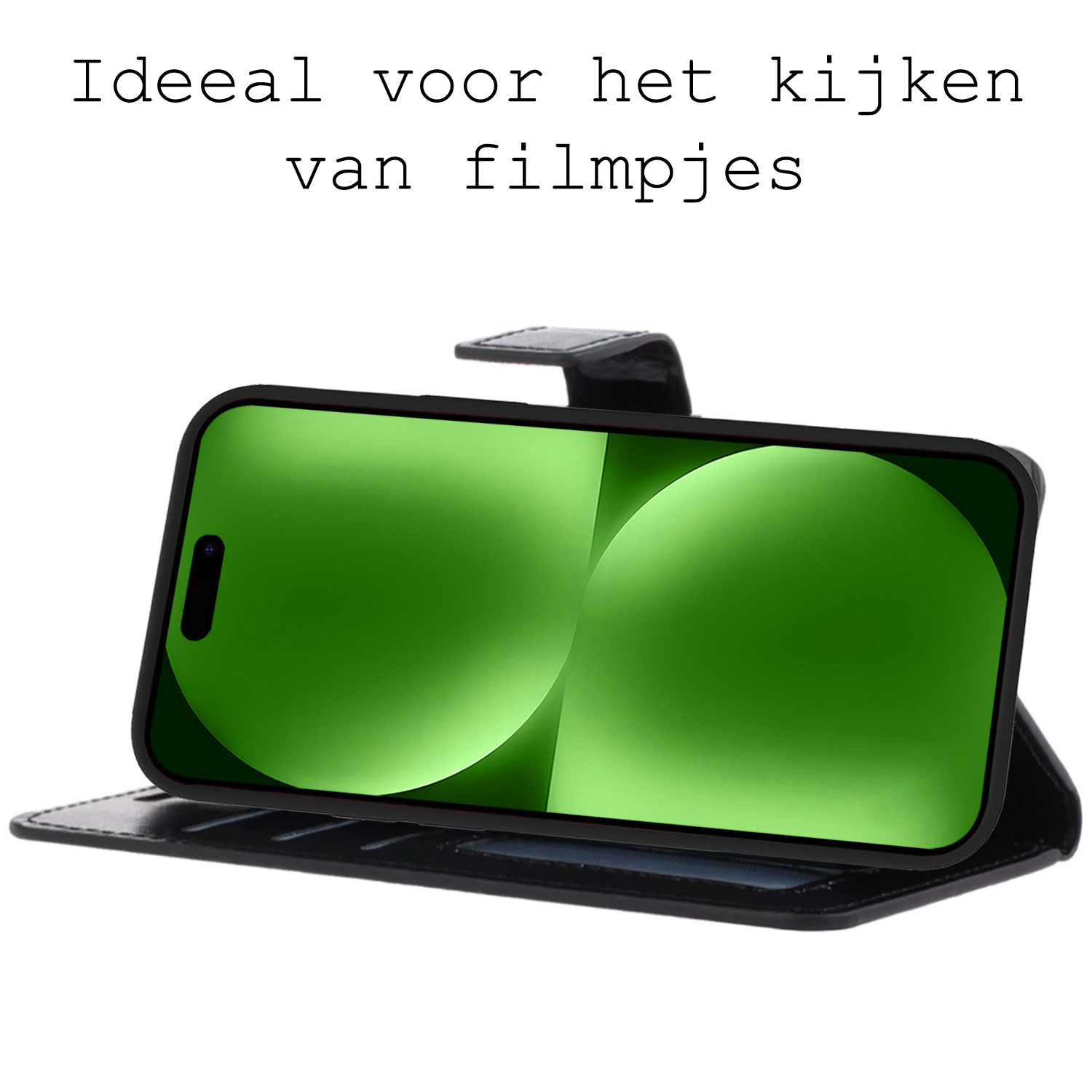 BASEY. Hoes Geschikt voor iPhone 15 Hoesje Bookcase Hoes Flip Case Book Cover Met 2x Screenprotector - Hoesje Geschikt voor iPhone 15 Hoes Book Case Hoesje - Zwart