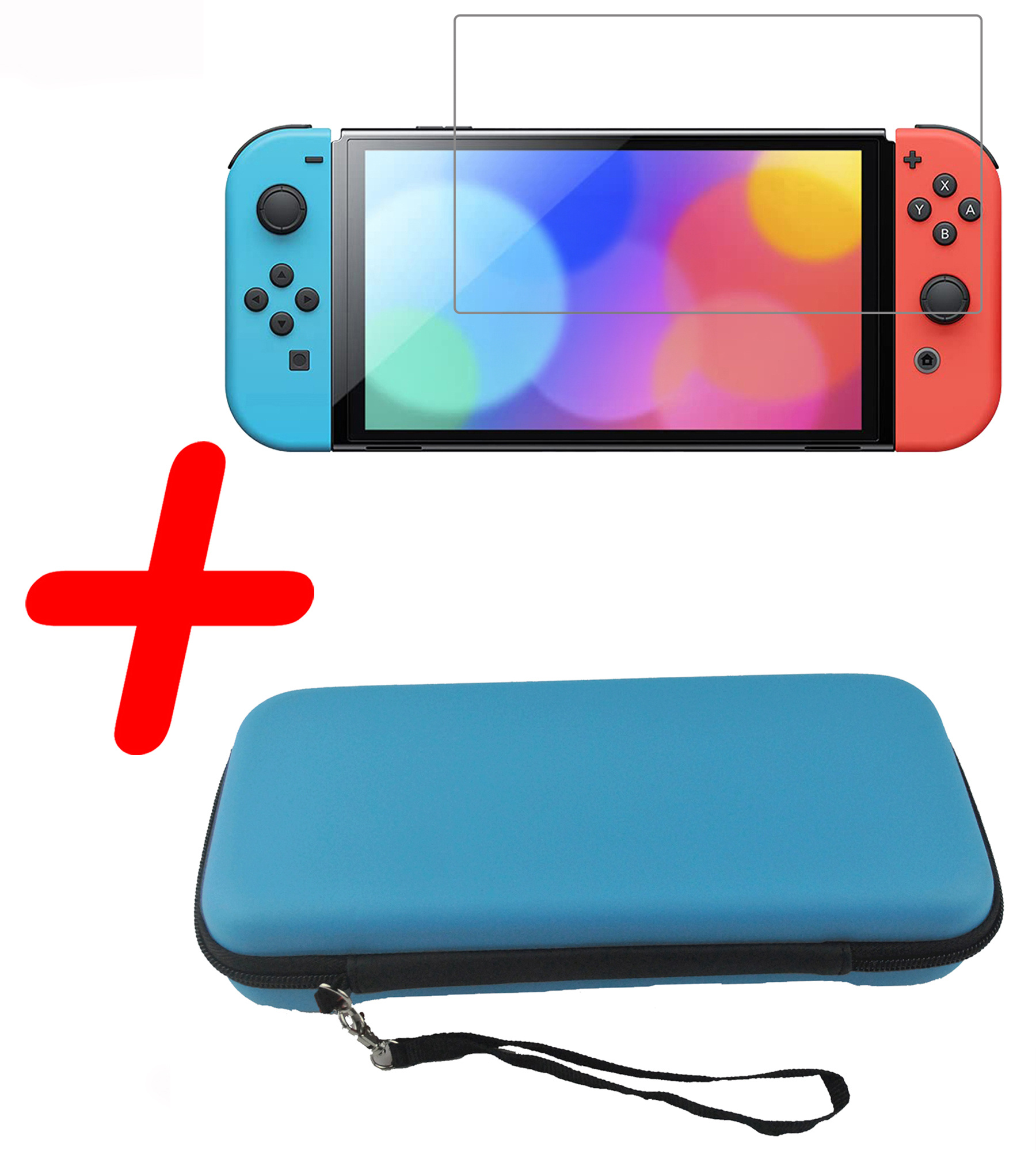 BASEY. Hoesje Geschikt voor Nintendo Switch OLED Case Hoes Hard Cover Koord Met Screenprotector - Bescherm Case Geschikt voor Nintendo Switch OLED Hoes - Blauw