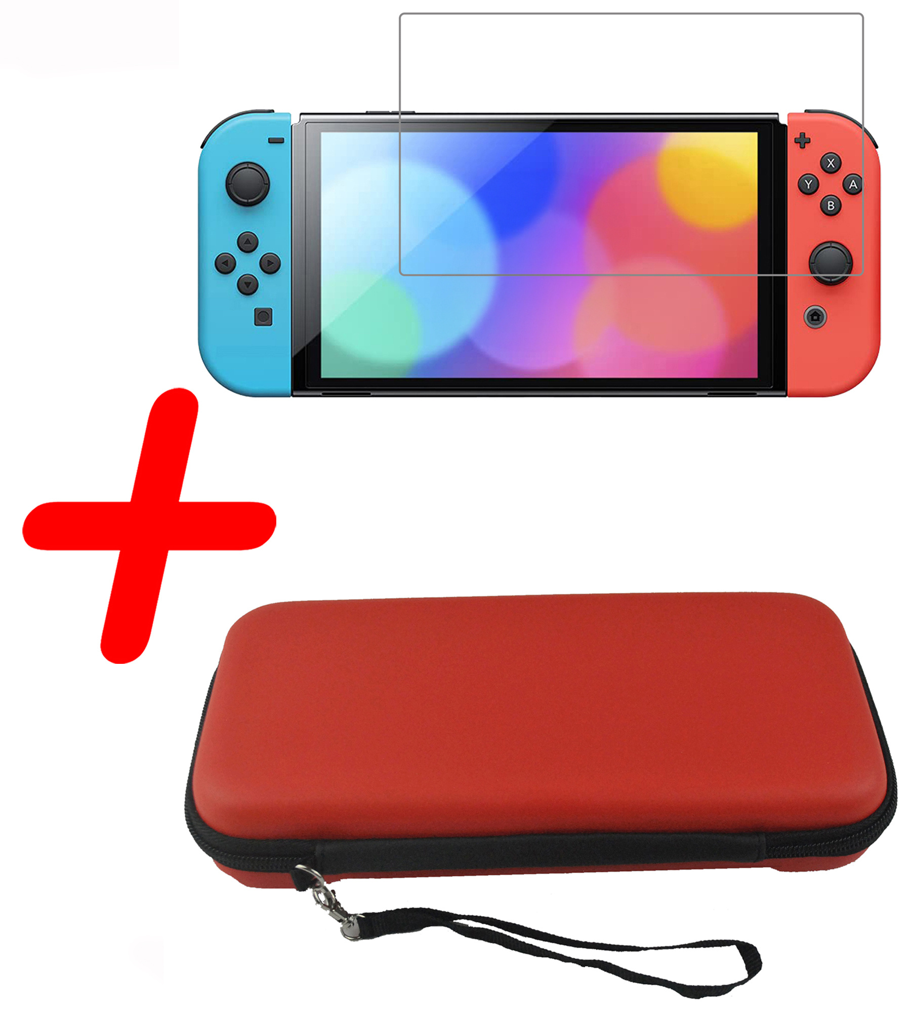 BASEY. Hoesje Geschikt voor Nintendo Switch OLED Case Hoes Hard Cover Koord Met Screenprotector - Bescherm Case Geschikt voor Nintendo Switch OLED Hoes - Rood