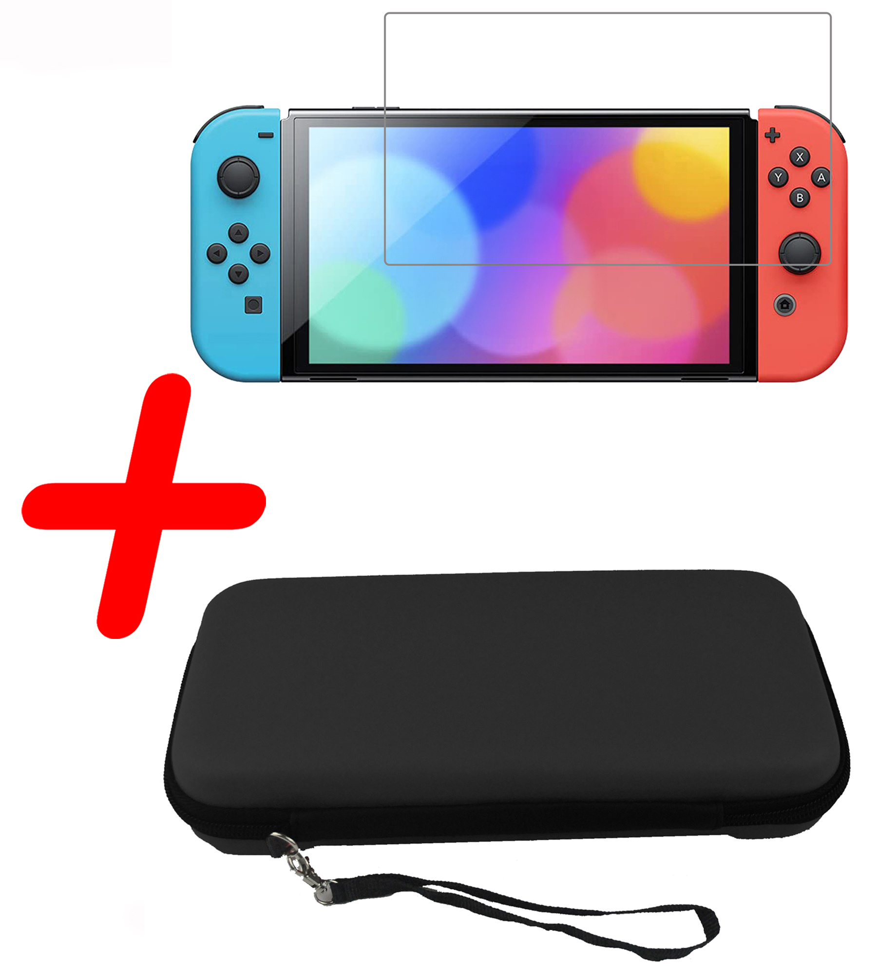 BASEY. Hoesje Geschikt voor Nintendo Switch OLED Case Hoes Hard Cover Koord Met Screenprotector - Bescherm Case Geschikt voor Nintendo Switch OLED Hoes - Zwart