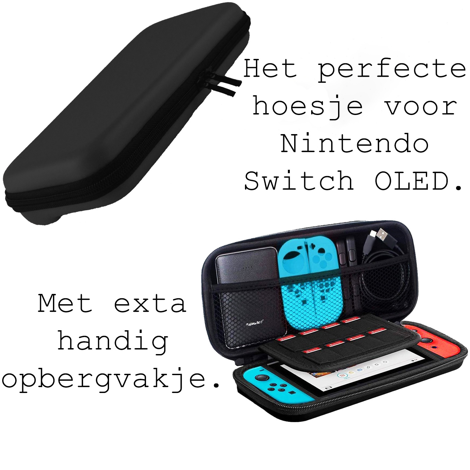 BASEY. Hoesje Geschikt voor Nintendo Switch OLED Case Hoes Hard Cover Koord Met Screenprotector - Bescherm Case Geschikt voor Nintendo Switch OLED Hoes - Zwart