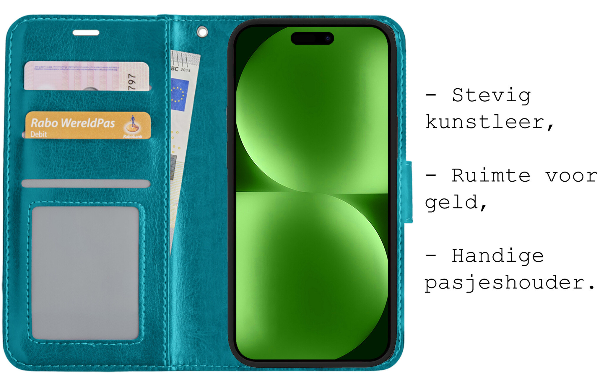 BASEY. Hoes Geschikt voor iPhone 15 Plus Hoesje Bookcase Hoes Flip Case Book Cover Met Screenprotector - Hoesje Geschikt voor iPhone 15 Plus Hoes Book Case Hoesje - Turquoise