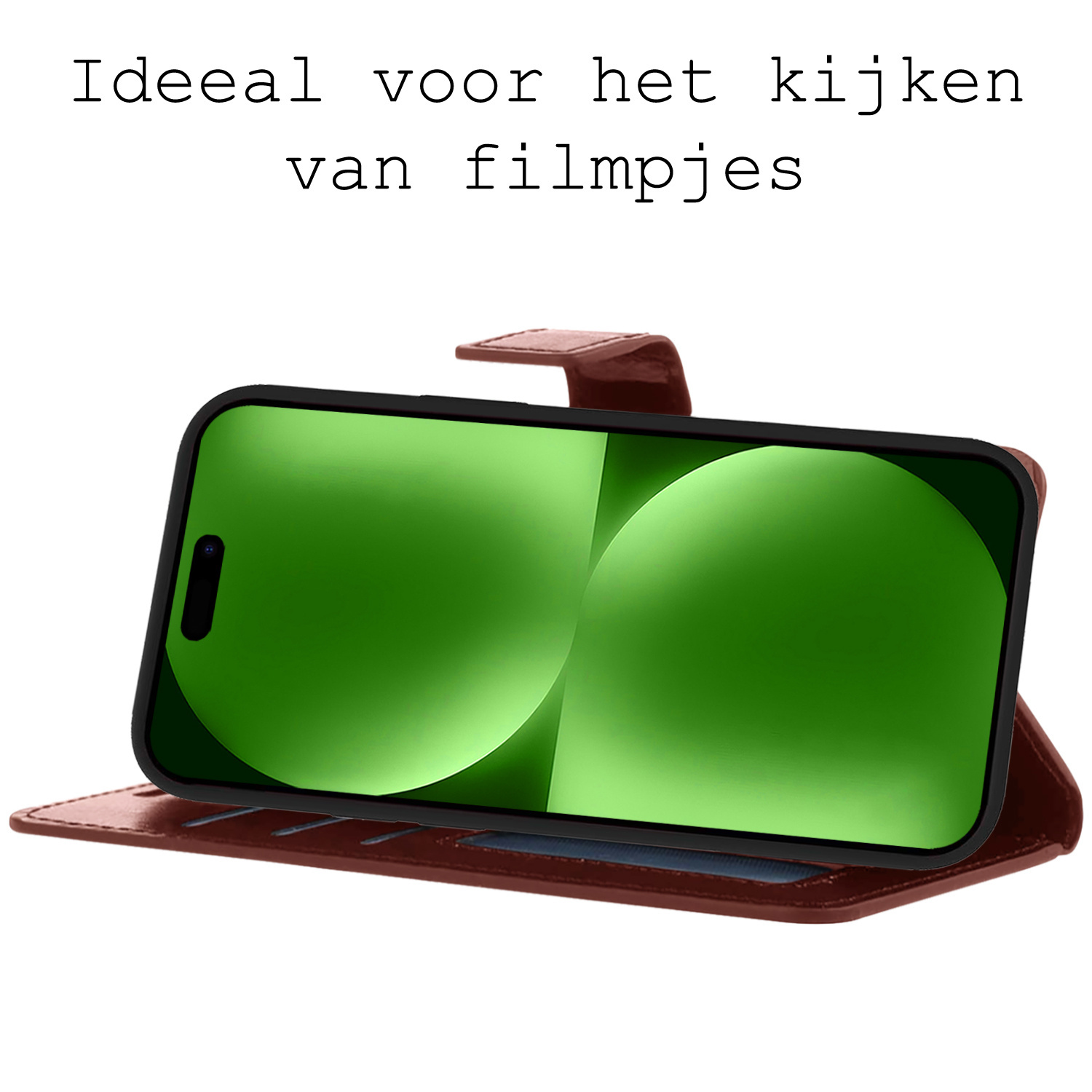 BASEY. Hoes Geschikt voor iPhone 15 Plus Hoesje Bookcase Hoes Flip Case Book Cover Met 2x Screenprotector - Hoesje Geschikt voor iPhone 15 Plus Hoes Book Case Hoesje - Bruin
