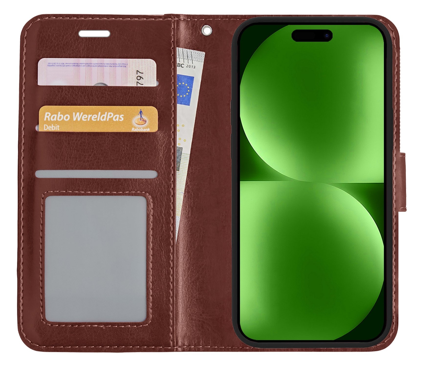 BASEY. Hoes Geschikt voor iPhone 15 Plus Hoesje Bookcase Hoes Flip Case Book Cover Met 2x Screenprotector - Hoesje Geschikt voor iPhone 15 Plus Hoes Book Case Hoesje - Bruin