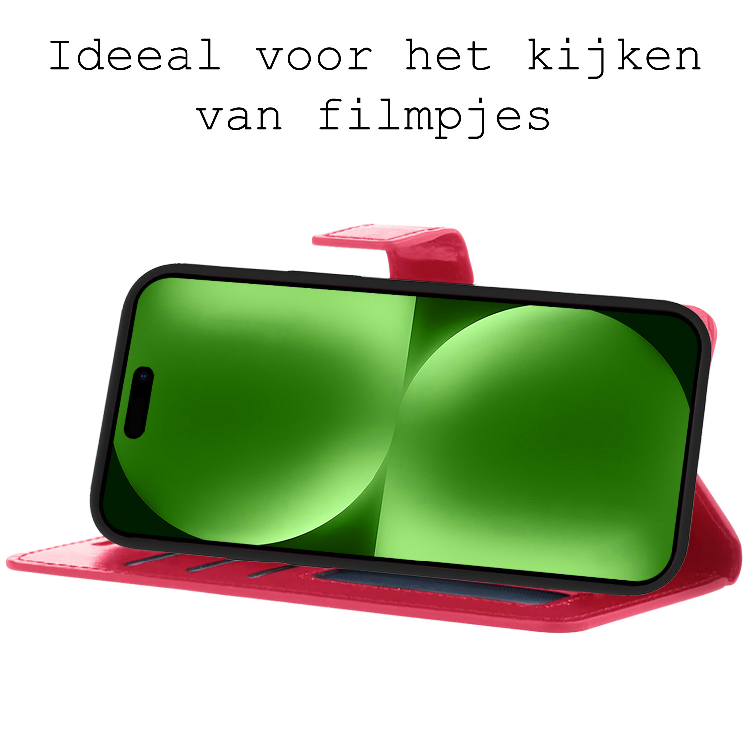 BASEY. Hoes Geschikt voor iPhone 15 Plus Hoesje Bookcase Hoes Flip Case Book Cover Met 2x Screenprotector - Hoesje Geschikt voor iPhone 15 Plus Hoes Book Case Hoesje - Donkerroze