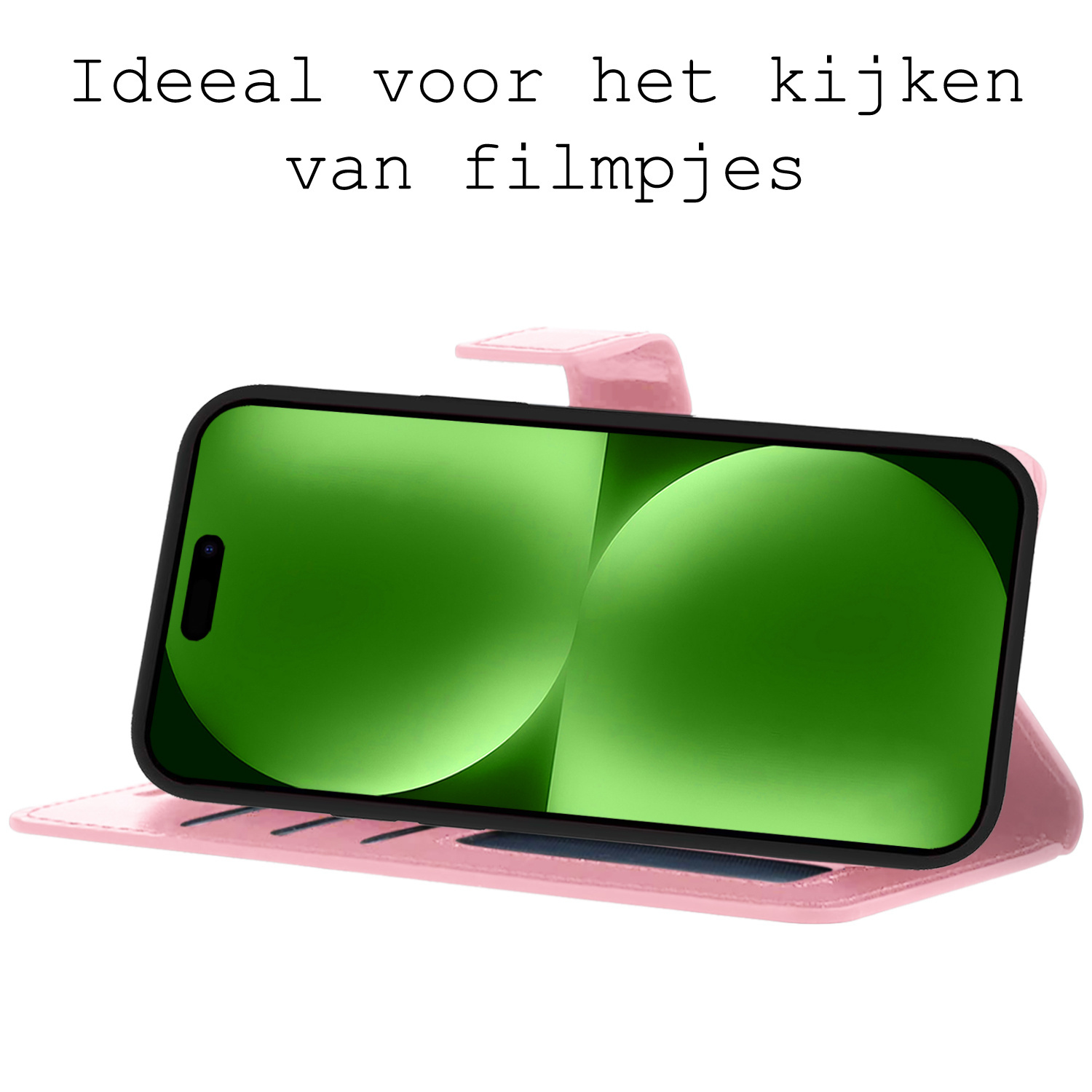 BASEY. Hoes Geschikt voor iPhone 15 Plus Hoesje Bookcase Hoes Flip Case Book Cover Met 2x Screenprotector - Hoesje Geschikt voor iPhone 15 Plus Hoes Book Case Hoesje - Lichtroze