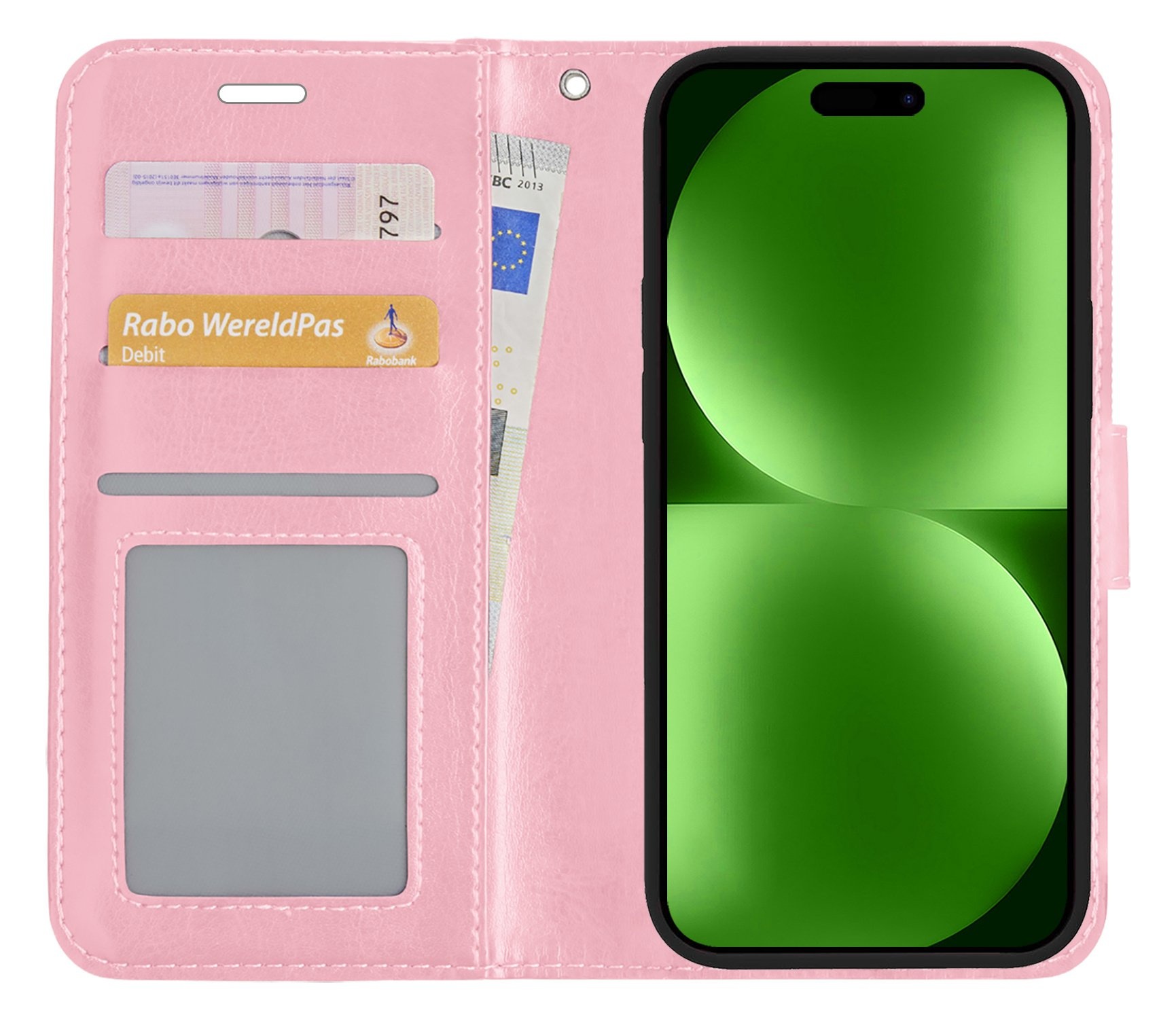 BASEY. Hoes Geschikt voor iPhone 15 Plus Hoesje Bookcase Hoes Flip Case Book Cover Met 2x Screenprotector - Hoesje Geschikt voor iPhone 15 Plus Hoes Book Case Hoesje - Lichtroze