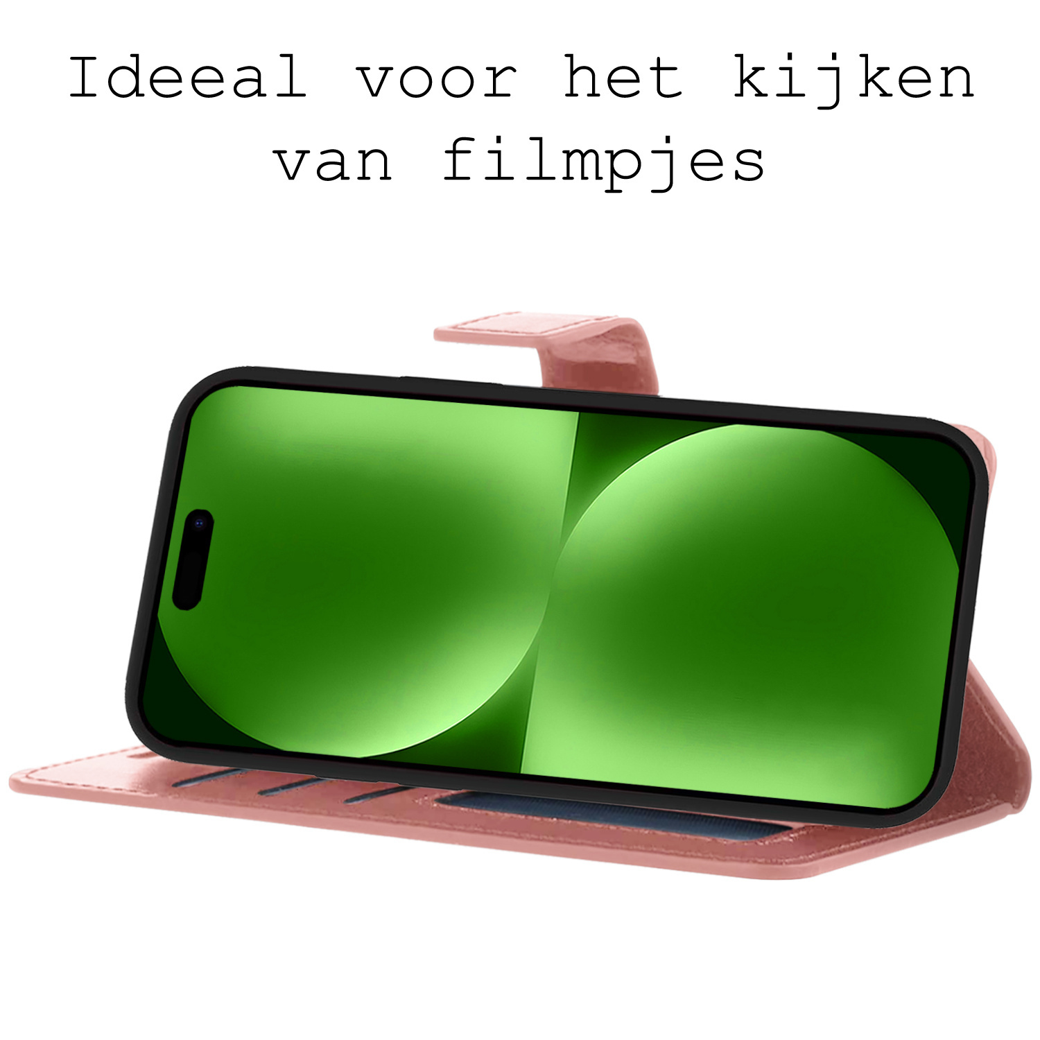 BASEY. Hoes Geschikt voor iPhone 15 Plus Hoesje Bookcase Hoes Flip Case Book Cover Met 2x Screenprotector - Hoesje Geschikt voor iPhone 15 Plus Hoes Book Case Hoesje - Rosé goud