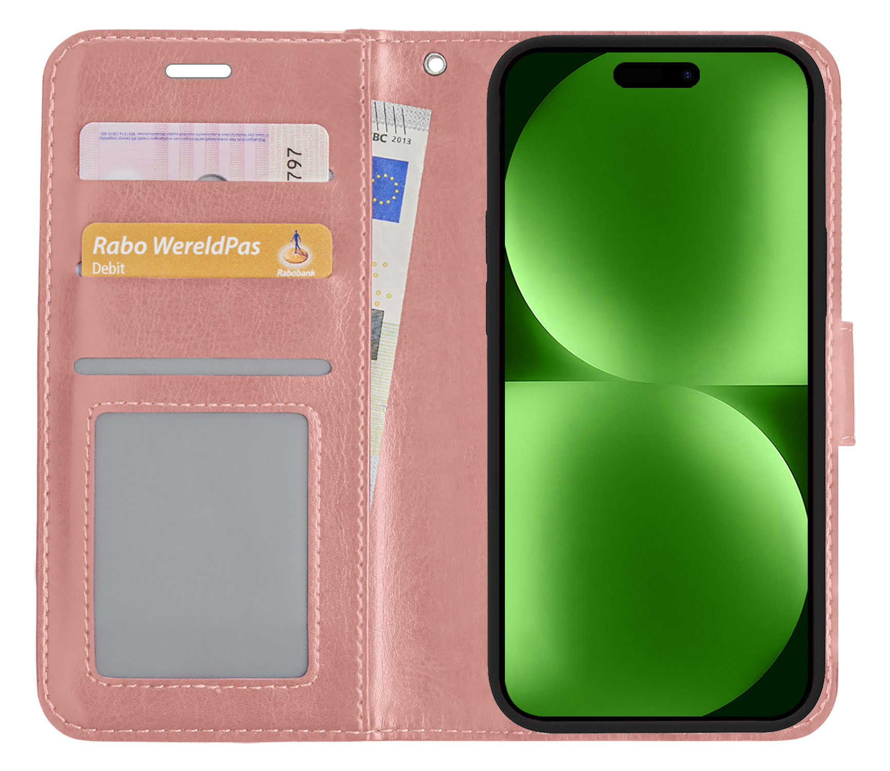 BASEY. Hoes Geschikt voor iPhone 15 Plus Hoesje Bookcase Hoes Flip Case Book Cover Met 2x Screenprotector - Hoesje Geschikt voor iPhone 15 Plus Hoes Book Case Hoesje - Rosé goud