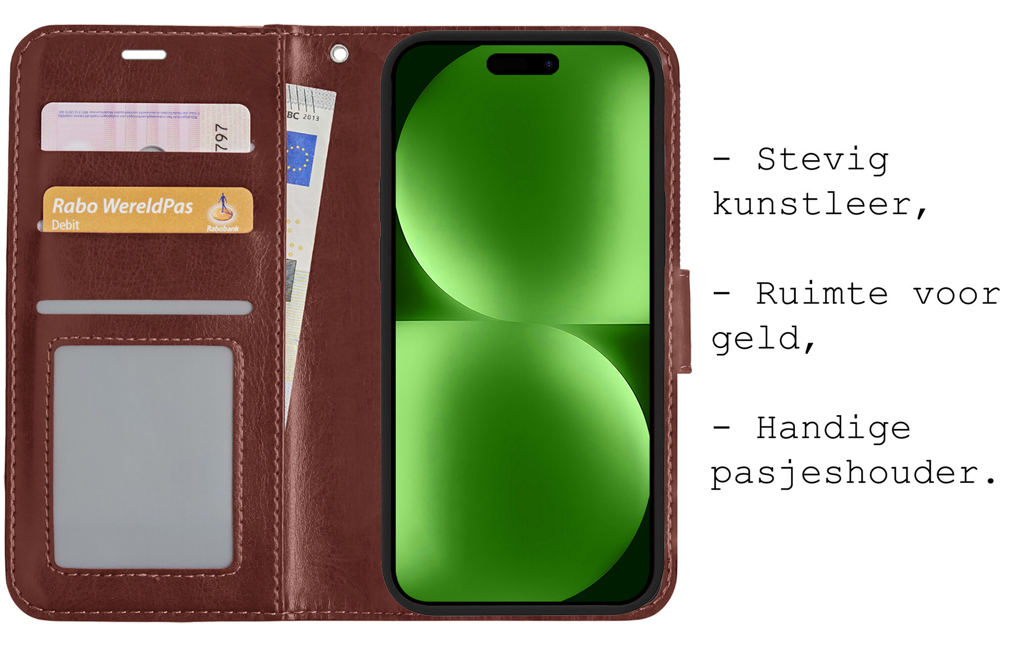 BASEY. Hoes Geschikt voor iPhone 15 Pro Hoesje Bookcase Hoes Flip Case Book Cover Met Screenprotector - Hoesje Geschikt voor iPhone 15 Pro Hoes Book Case Hoesje - Bruin