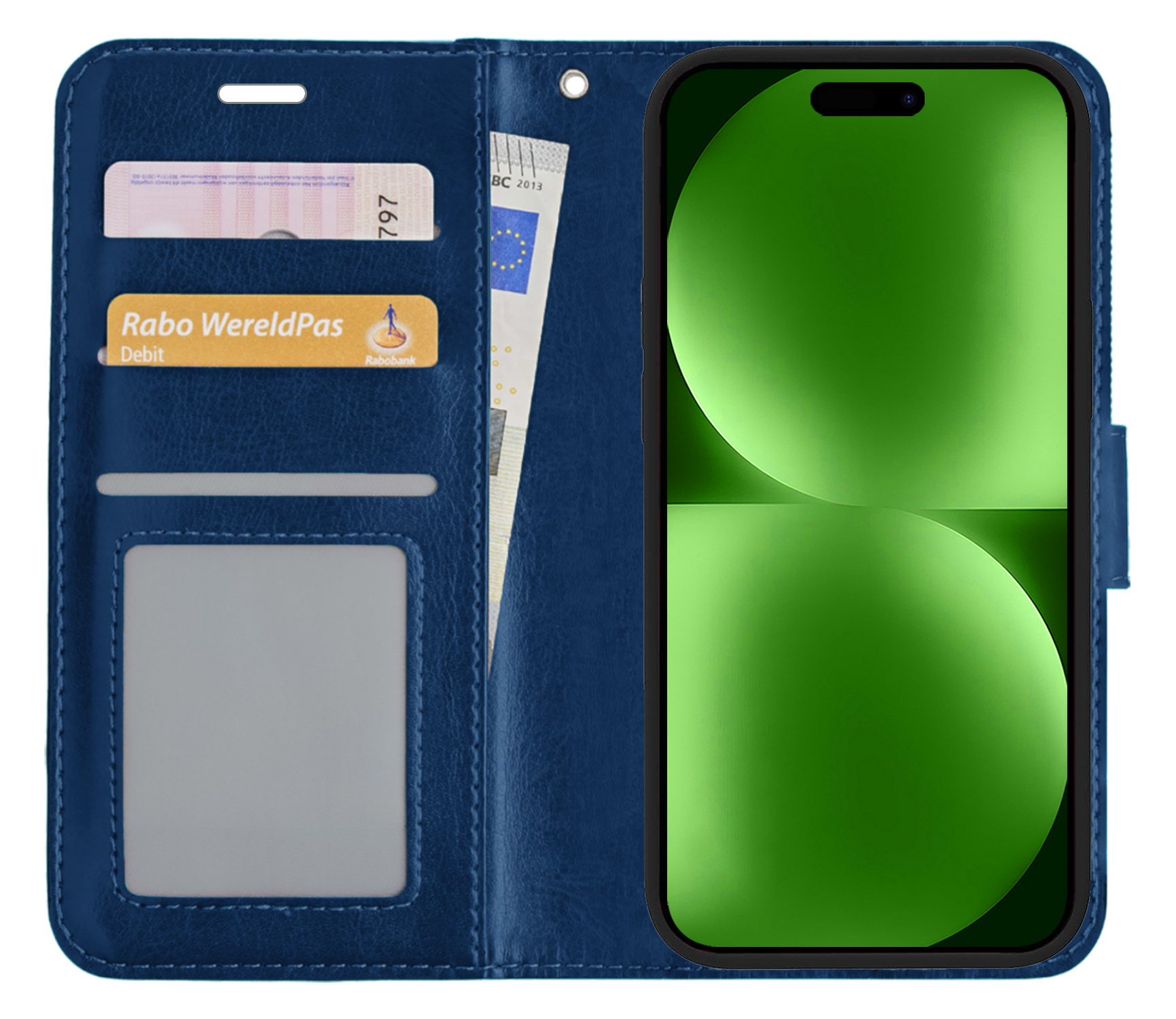 BASEY. Hoes Geschikt voor iPhone 15 Pro Hoesje Bookcase Hoes Flip Case Book Cover Met Screenprotector - Hoesje Geschikt voor iPhone 15 Pro Hoes Book Case Hoesje - Donkerblauw