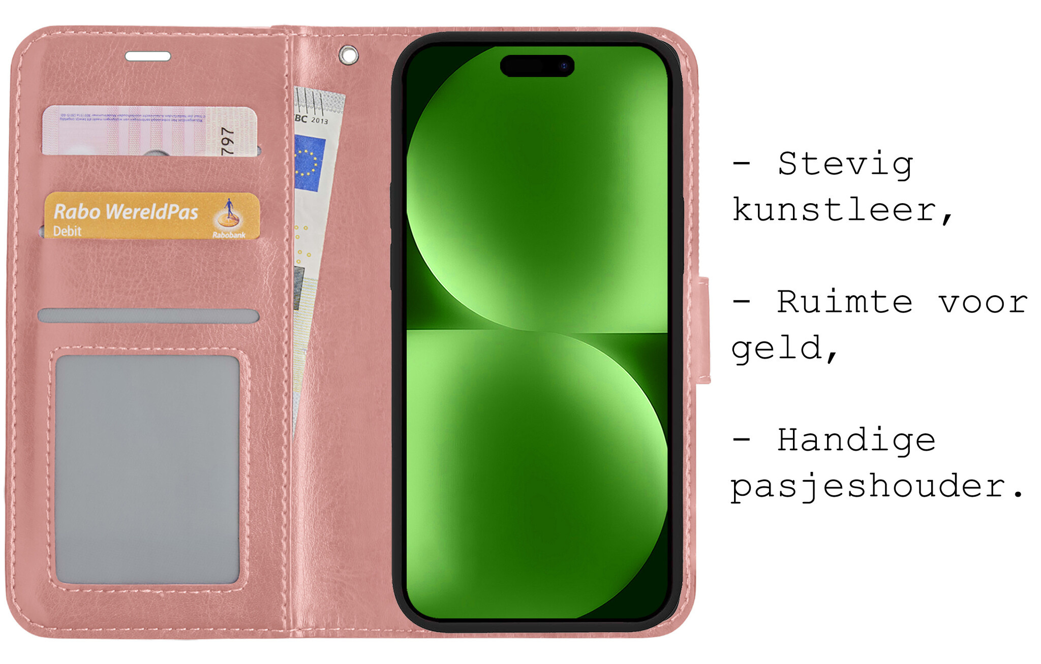 BASEY. Hoes Geschikt voor iPhone 15 Pro Hoesje Bookcase Hoes Flip Case Book Cover Met Screenprotector - Hoesje Geschikt voor iPhone 15 Pro Hoes Book Case Hoesje - Rosé goud