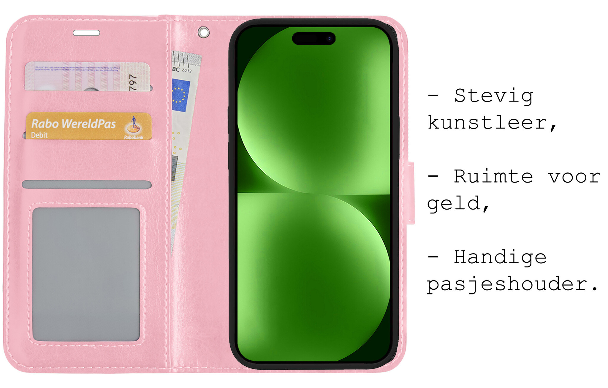 BASEY. Hoes Geschikt voor iPhone 15 Pro Hoesje Bookcase Hoes Flip Case Book Cover Met 2x Screenprotector - Hoesje Geschikt voor iPhone 15 Pro Hoes Book Case Hoesje - Lichtroze