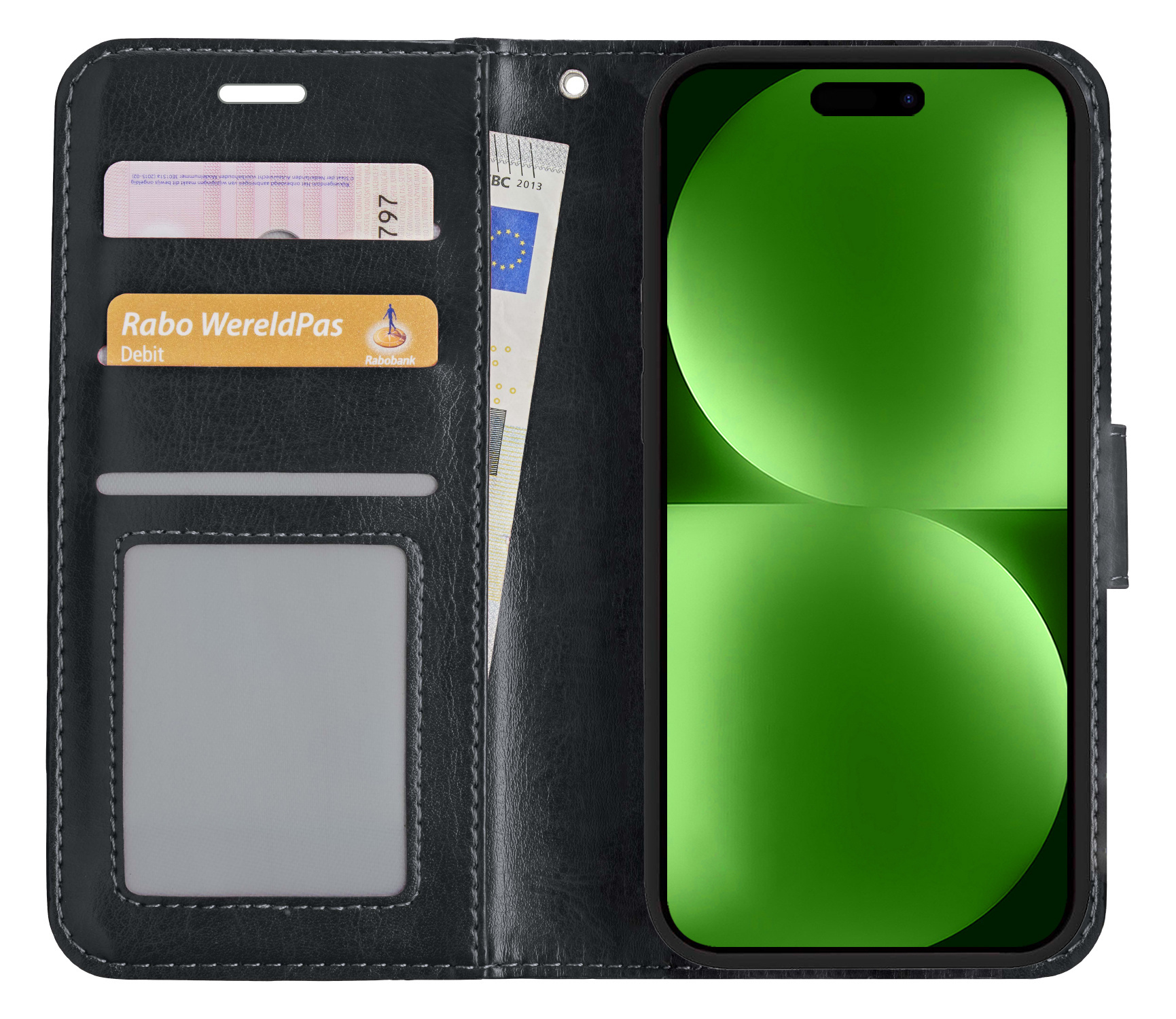 BASEY. Hoes Geschikt voor iPhone 15 Pro Hoesje Bookcase Hoes Flip Case Book Cover Met 2x Screenprotector - Hoesje Geschikt voor iPhone 15 Pro Hoes Book Case Hoesje - Zwart