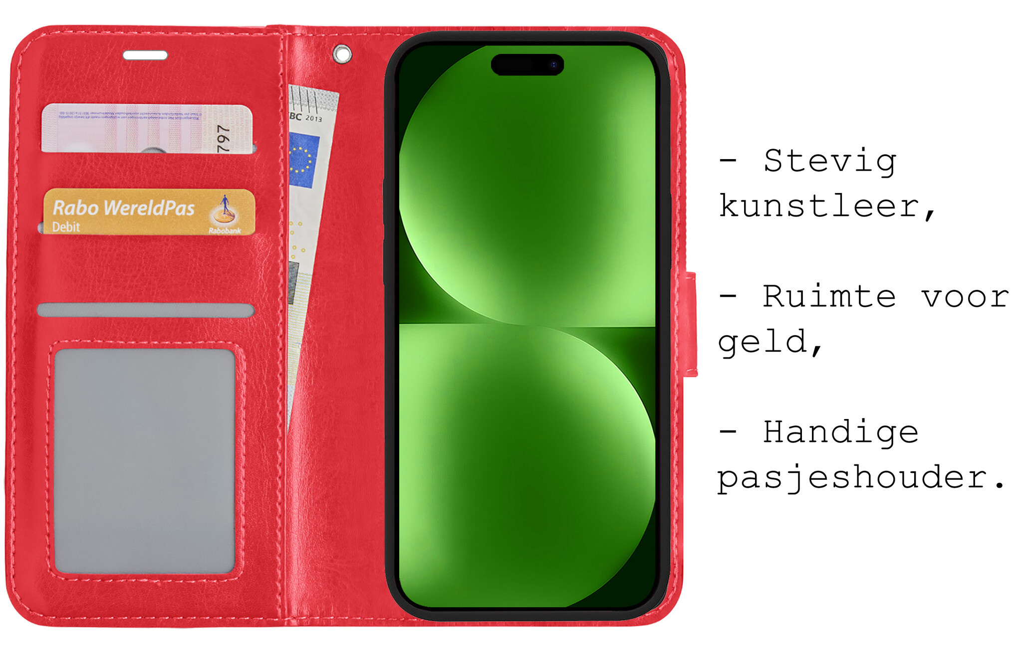 BASEY. Hoes Geschikt voor iPhone 15 Pro Max Hoesje Bookcase Hoes Flip Case Book Cover Met 2x Screenprotector - Hoesje Geschikt voor iPhone 15 Pro Max Hoes Book Case Hoesje - Rood
