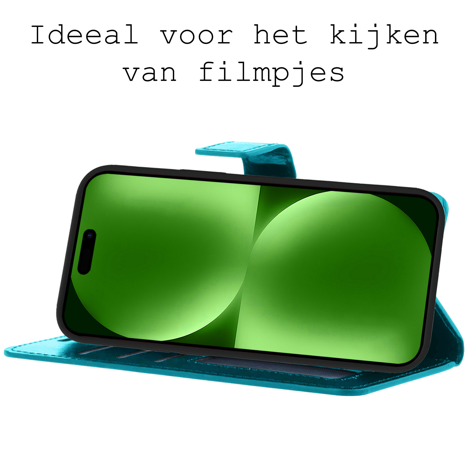 BASEY. Hoes Geschikt voor iPhone 15 Pro Max Hoesje Bookcase Hoes Flip Case Book Cover Met 2x Screenprotector - Hoesje Geschikt voor iPhone 15 Pro Max Hoes Book Case Hoesje - Turquoise