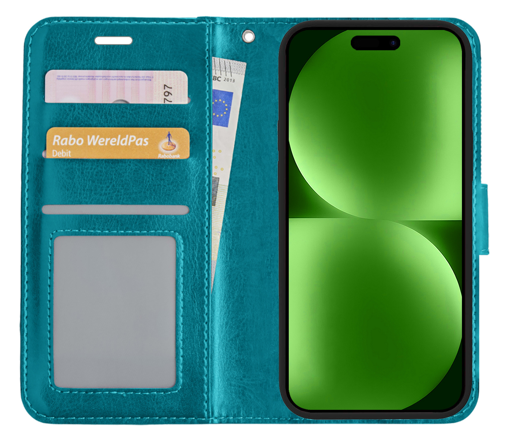 BASEY. Hoes Geschikt voor iPhone 15 Pro Max Hoesje Bookcase Hoes Flip Case Book Cover Met 2x Screenprotector - Hoesje Geschikt voor iPhone 15 Pro Max Hoes Book Case Hoesje - Turquoise