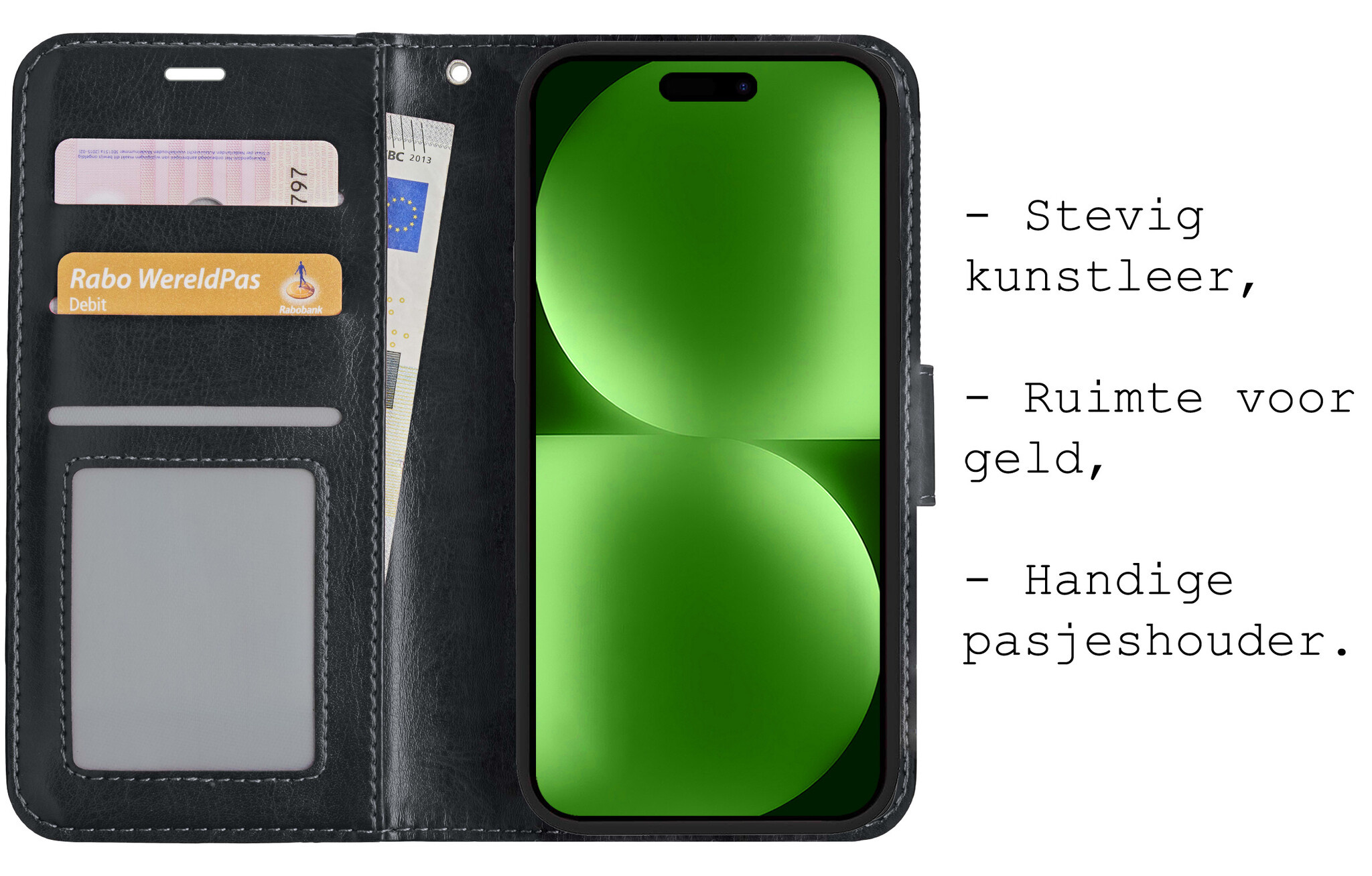 BASEY. Hoes Geschikt voor iPhone 15 Pro Max Hoesje Bookcase Hoes Flip Case Book Cover Met 2x Screenprotector - Hoesje Geschikt voor iPhone 15 Pro Max Hoes Book Case Hoesje - Zwart