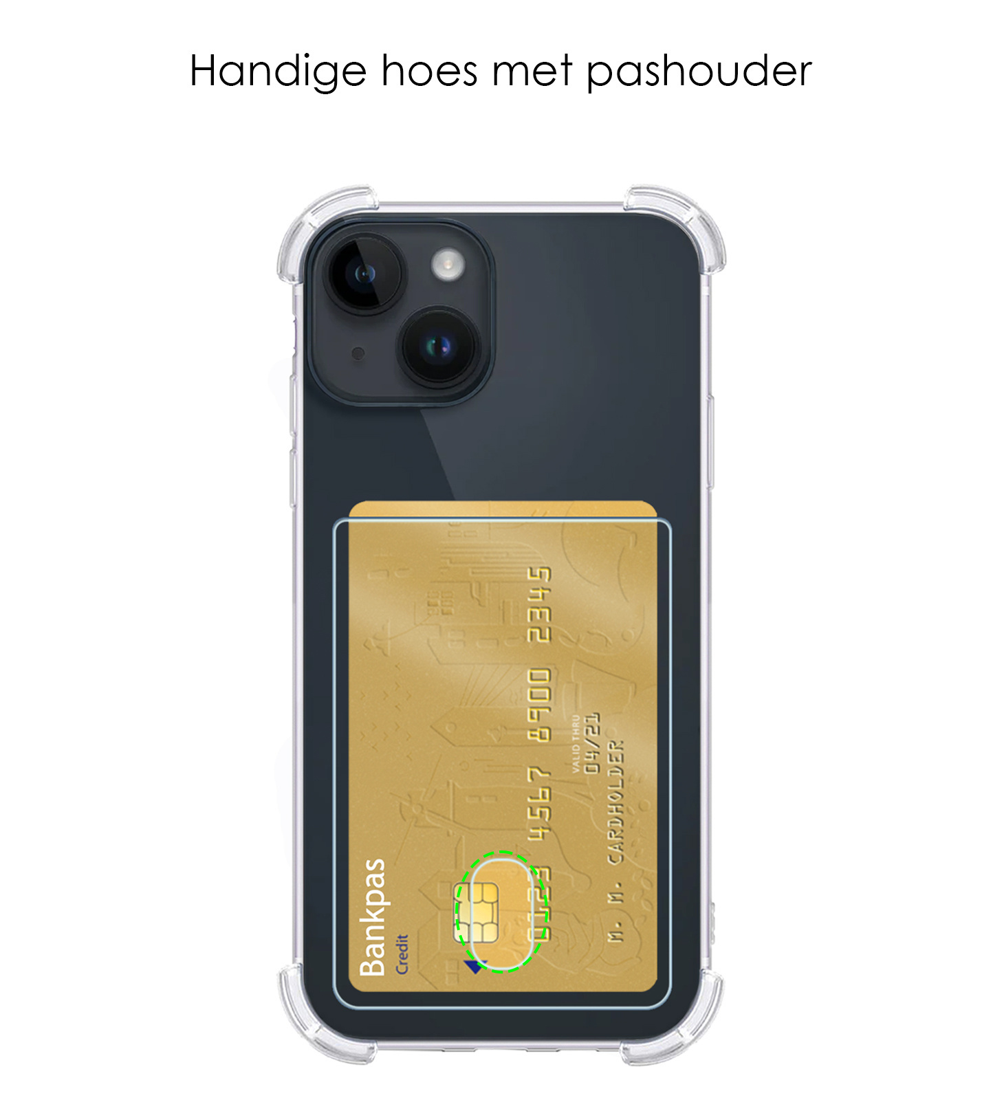 NoXx Hoes Geschikt voor iPhone 15 Hoesje Pasjeshouder Cover Shock Proof Case Siliconen Hoes Met Kaarthouder Met Screenprotector - Transparant
