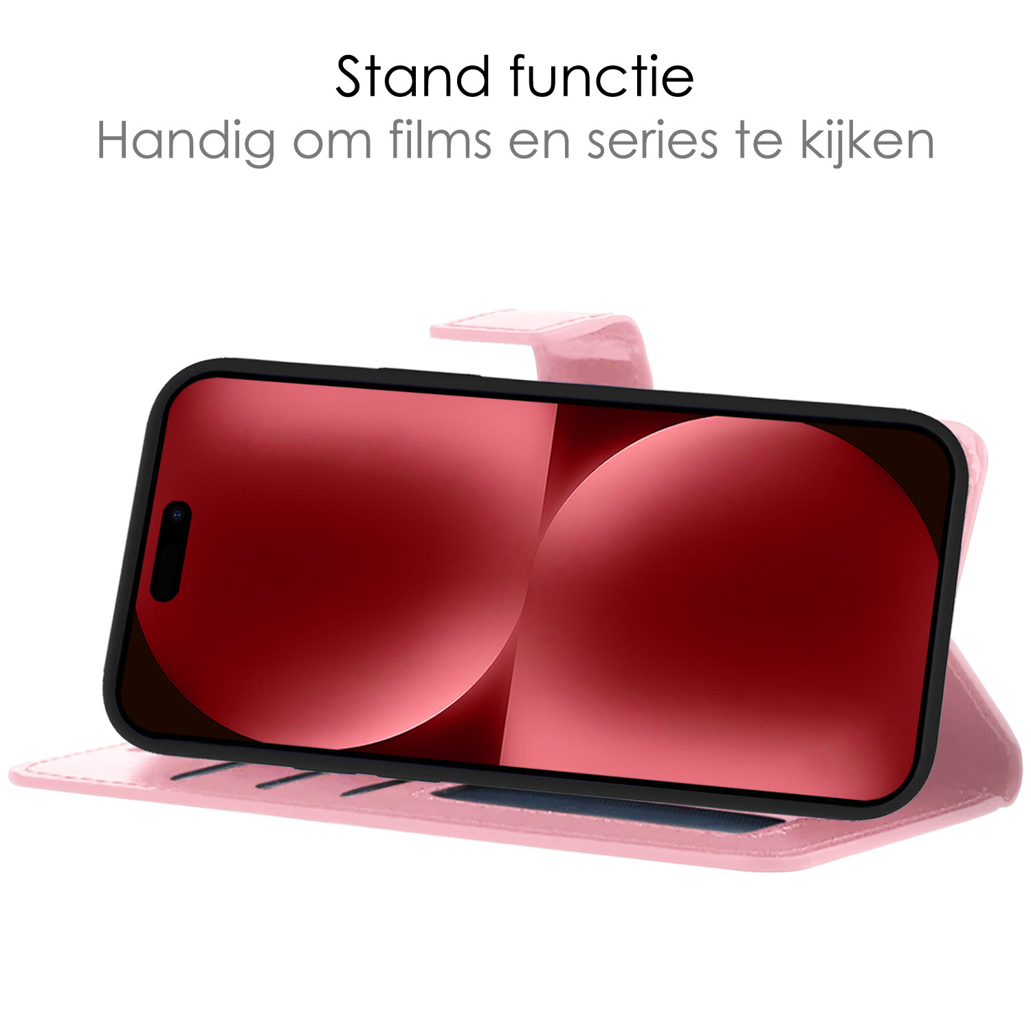 NoXx Hoes Geschikt voor iPhone 15 Plus Hoesje Book Case Hoes Flip Cover Wallet Bookcase Met 2x Screenprotector - Lichtroze