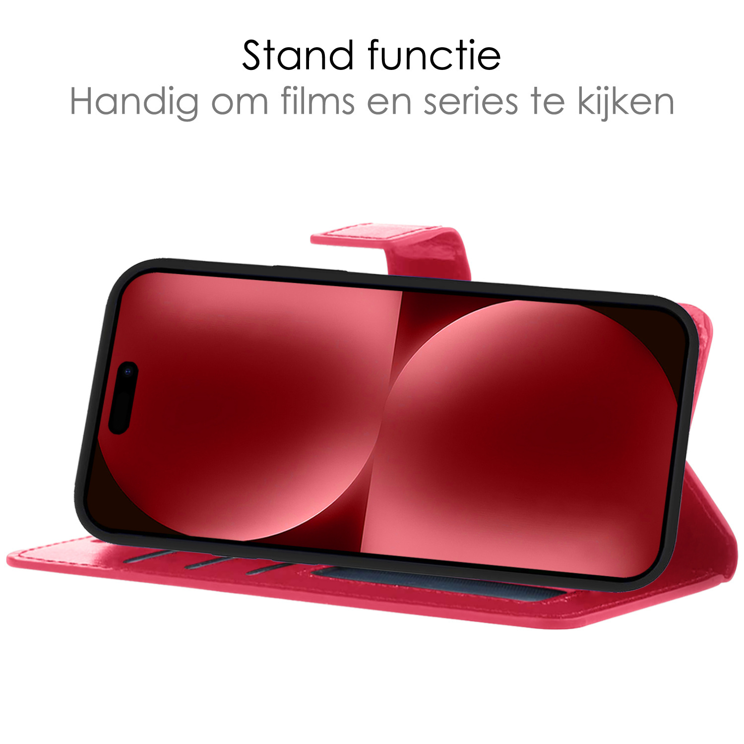 NoXx Hoes Geschikt voor iPhone 15 Pro Hoesje Book Case Hoes Flip Cover Wallet Bookcase Met Screenprotector - Donkerroze