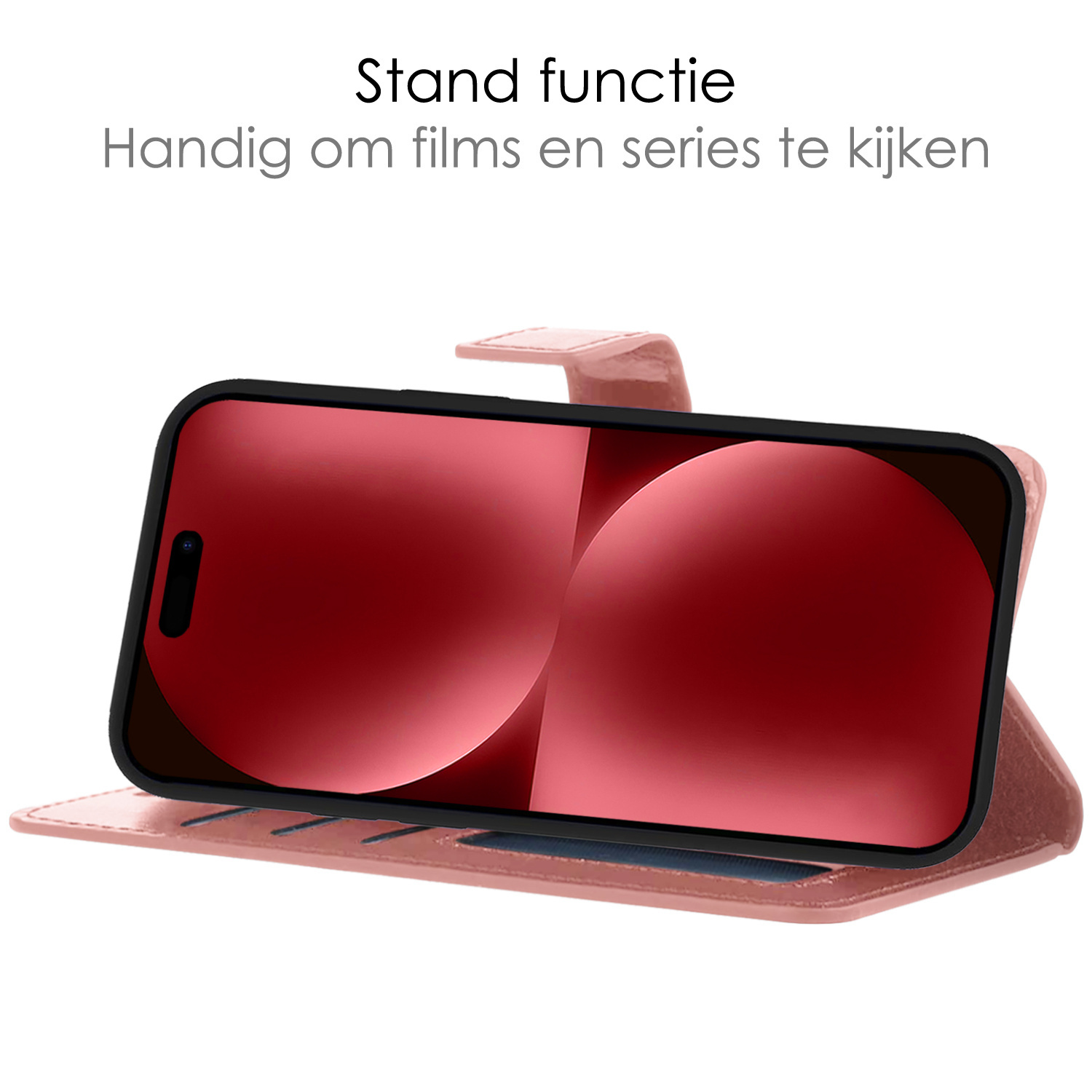 NoXx Hoes Geschikt voor iPhone 15 Pro Hoesje Book Case Hoes Flip Cover Wallet Bookcase Met 2x Screenprotector - Rosé goud