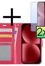 NoXx Hoes Geschikt voor iPhone 15 Pro Max Hoesje Book Case Hoes Flip Cover Wallet Bookcase Met 2x Screenprotector - Donkerroze
