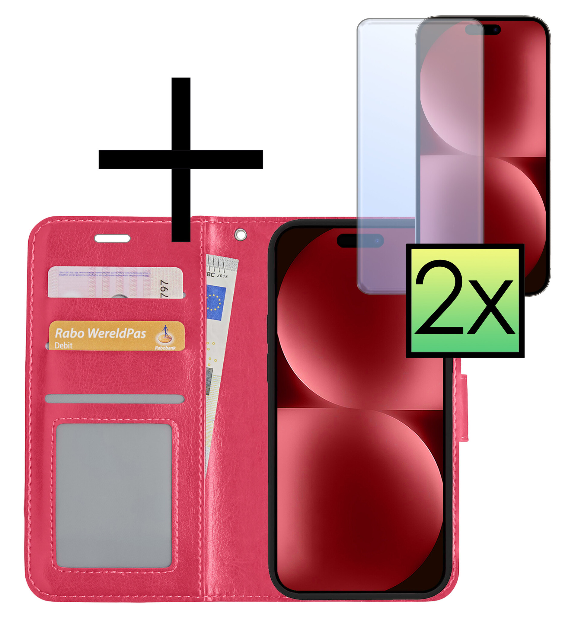 NoXx Hoes Geschikt voor iPhone 15 Pro Max Hoesje Book Case Hoes Flip Cover Wallet Bookcase Met 2x Screenprotector - Donkerroze