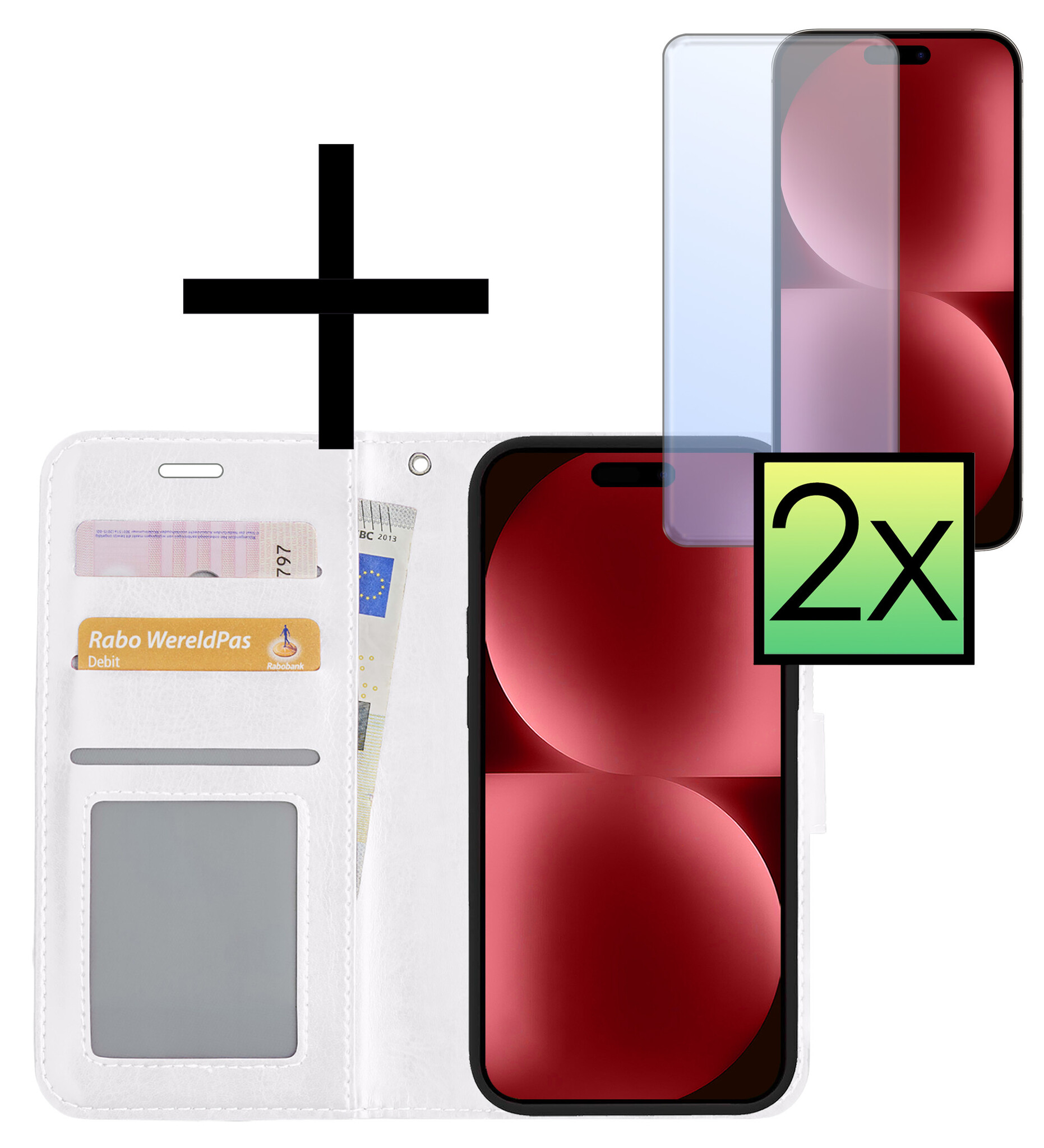 NoXx Hoes Geschikt voor iPhone 15 Pro Hoesje Book Case Hoes Flip Cover Wallet Bookcase Met 2x Screenprotector - Wit